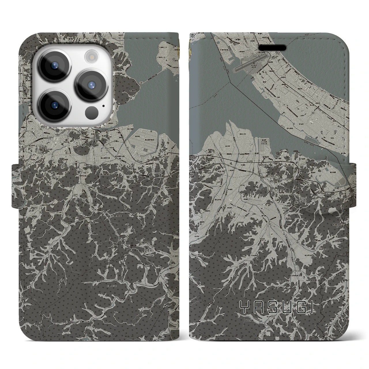 【安来(島根県)】地図柄iPhoneケース(手帳タイプ)モノトーン・iPhone 14 Pro 用