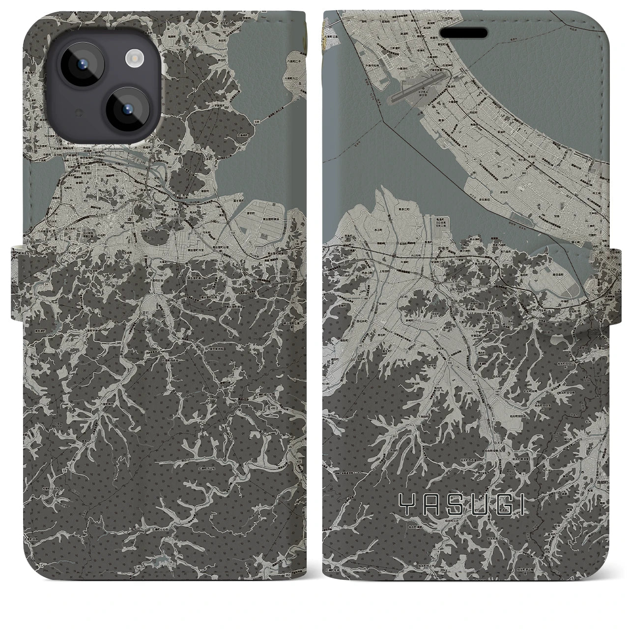 【安来(島根県)】地図柄iPhoneケース(手帳タイプ)モノトーン・iPhone 14 Plus 用