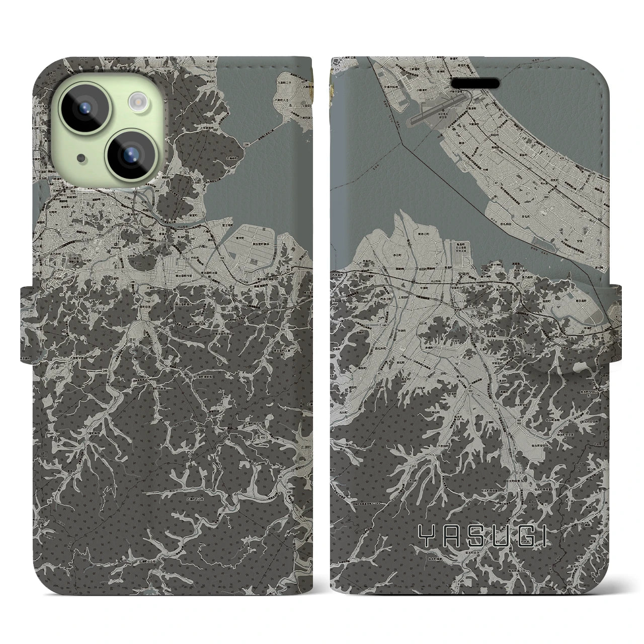 【安来(島根県)】地図柄iPhoneケース(手帳タイプ)モノトーン・iPhone 15 用