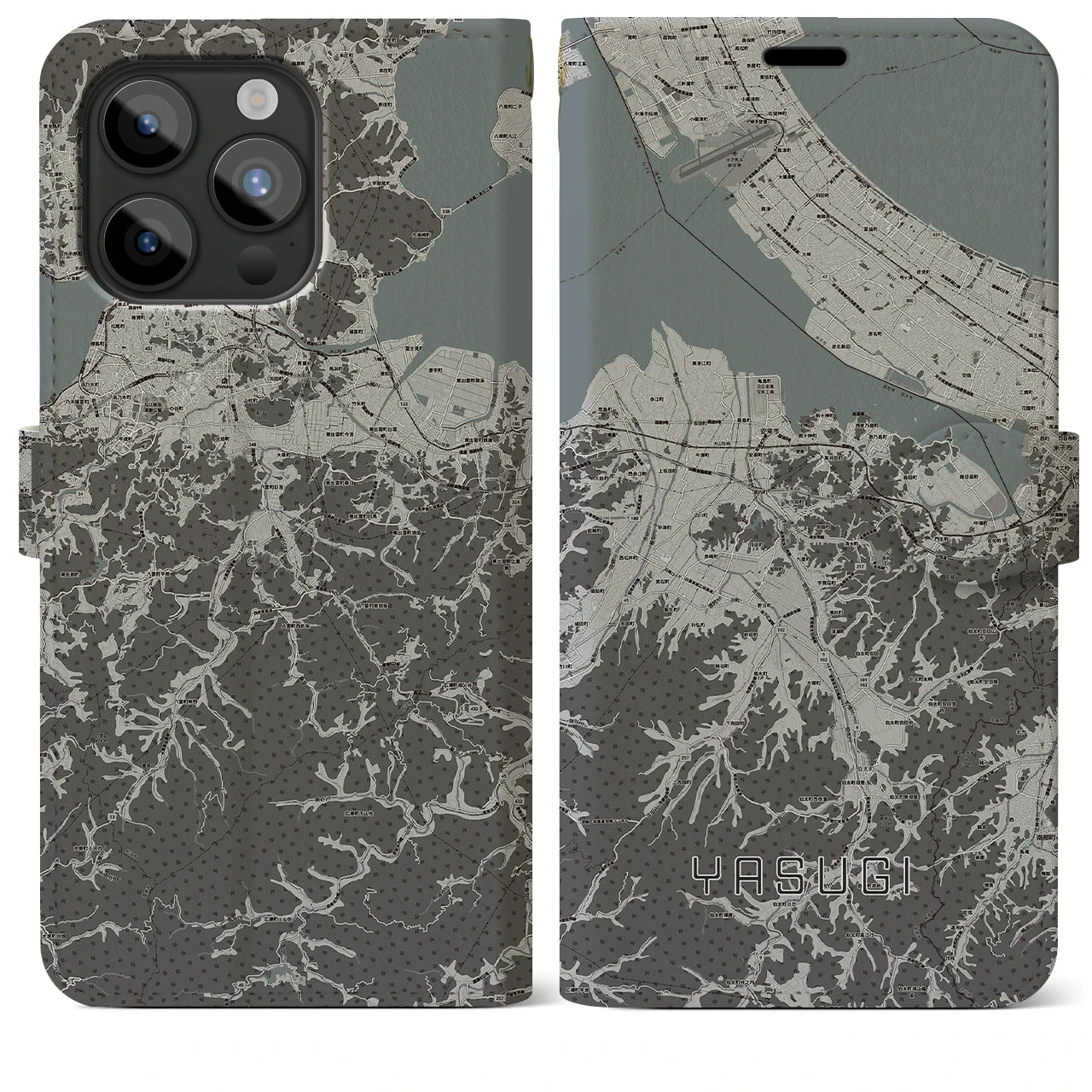 【安来(島根県)】地図柄iPhoneケース(手帳タイプ)モノトーン・iPhone 15 Pro Max 用