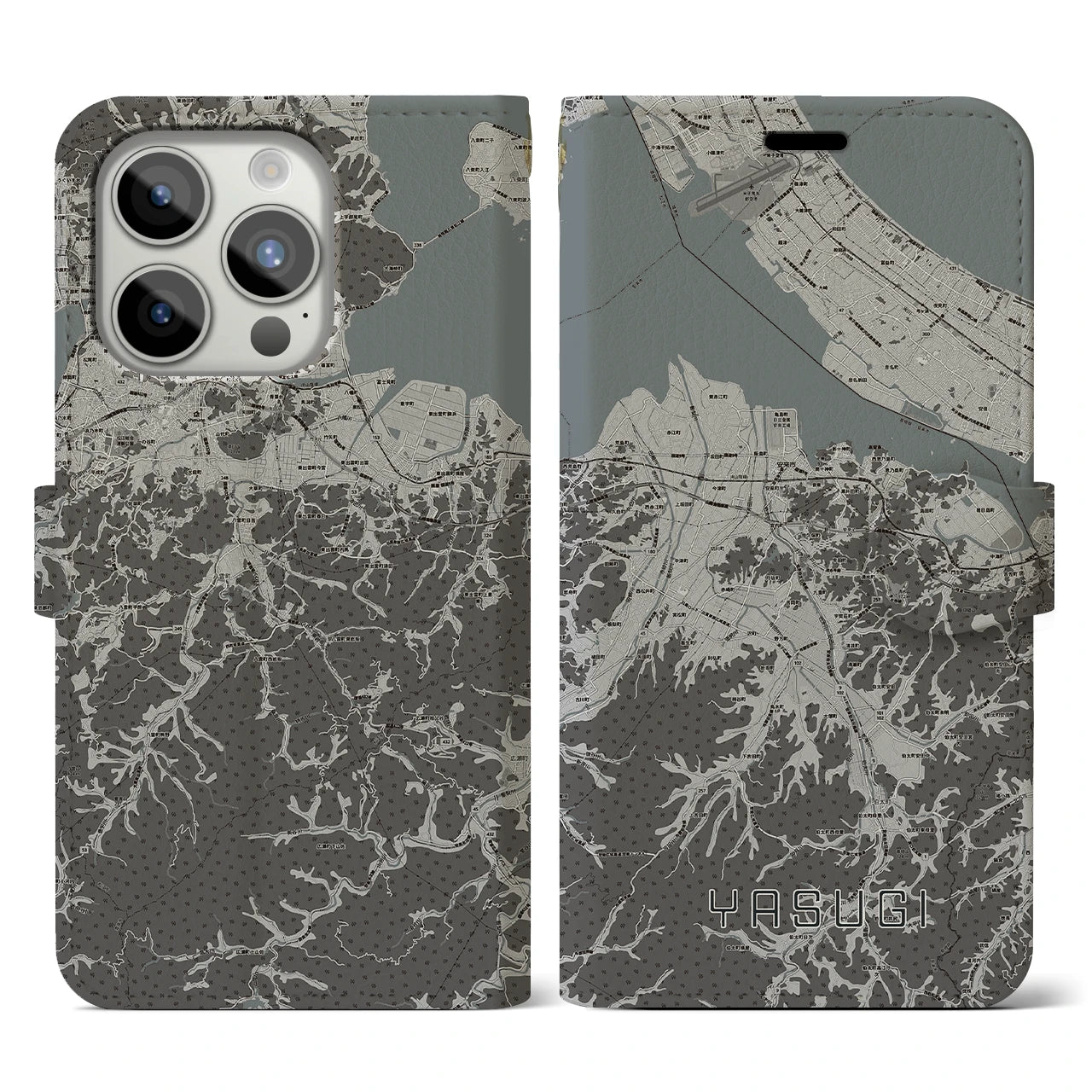 【安来(島根県)】地図柄iPhoneケース(手帳タイプ)モノトーン・iPhone 15 Pro 用