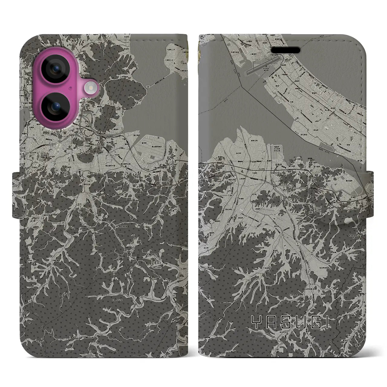 【安来(島根県)】地図柄iPhoneケース(手帳タイプ)モノトーン・iPhone 16 Pro 用