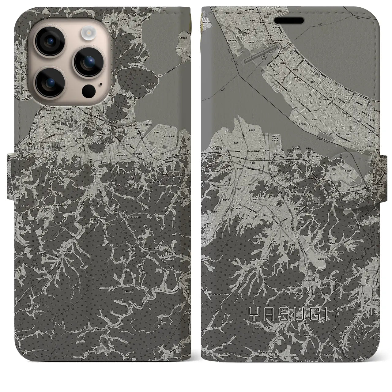 【安来(島根県)】地図柄iPhoneケース(手帳タイプ)モノトーン・iPhone 16 Plus 用