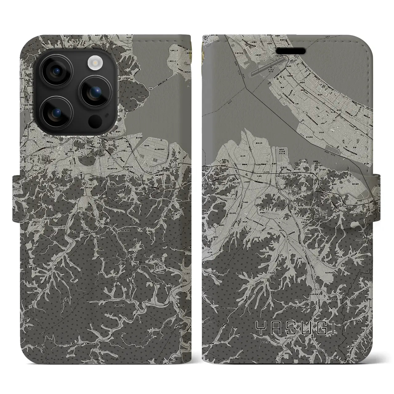 【安来(島根県)】地図柄iPhoneケース(手帳タイプ)モノトーン・iPhone 16 用