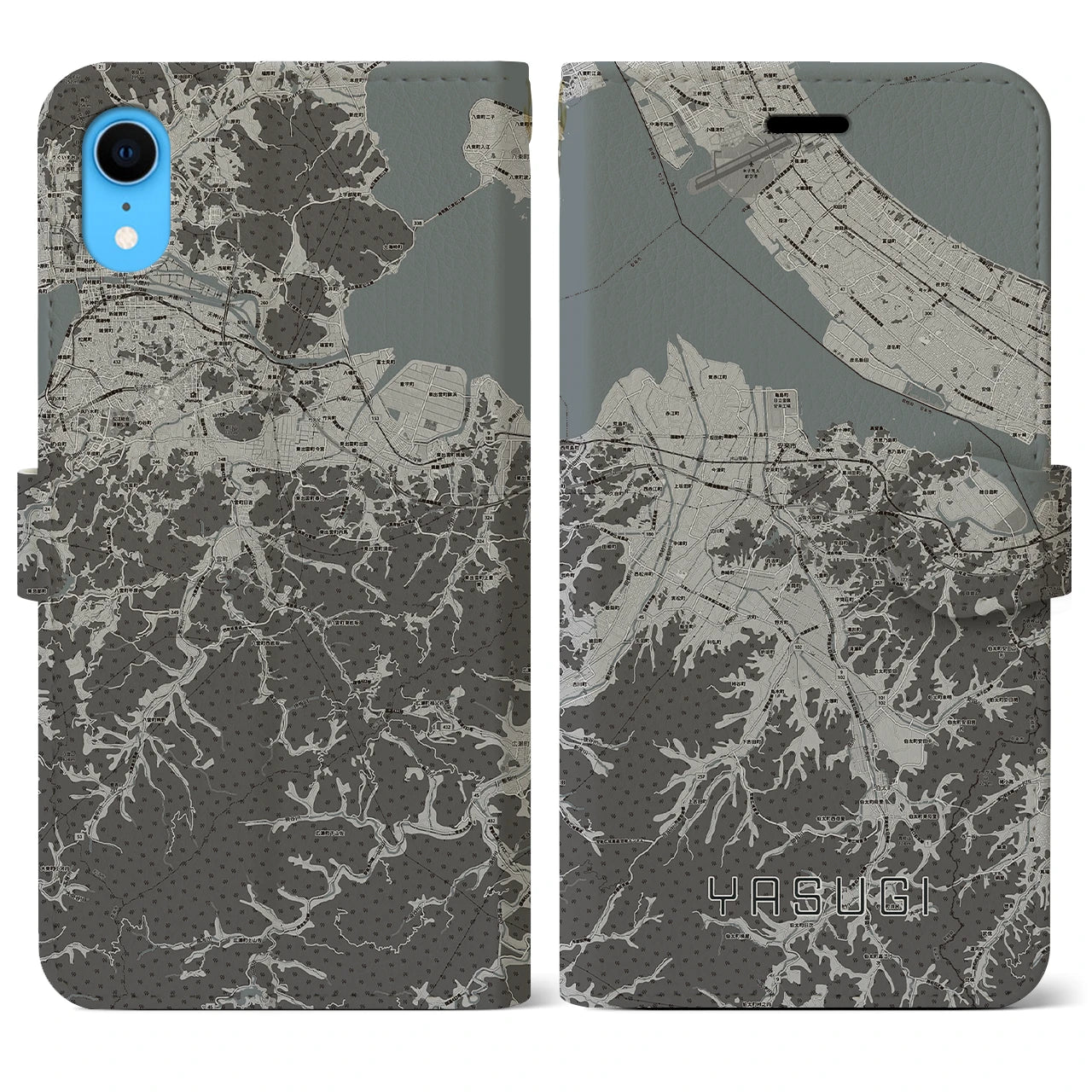 【安来(島根県)】地図柄iPhoneケース(手帳タイプ)モノトーン・iPhone XR 用