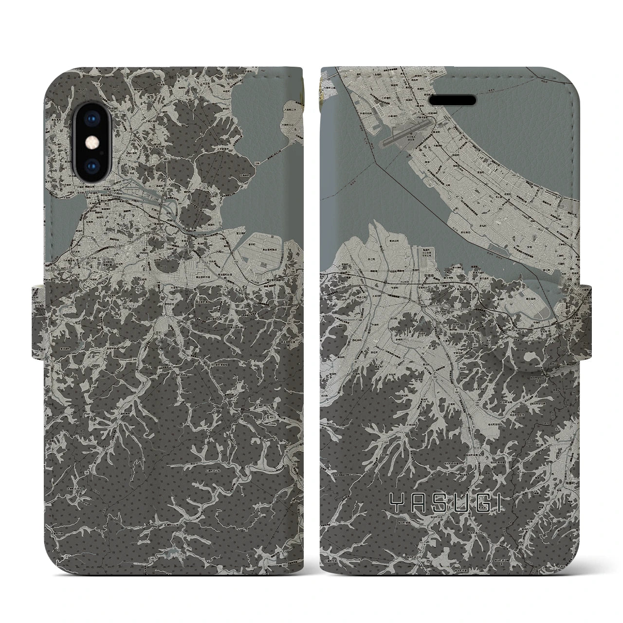 【安来(島根県)】地図柄iPhoneケース(手帳タイプ)モノトーン・iPhone XS / X 用