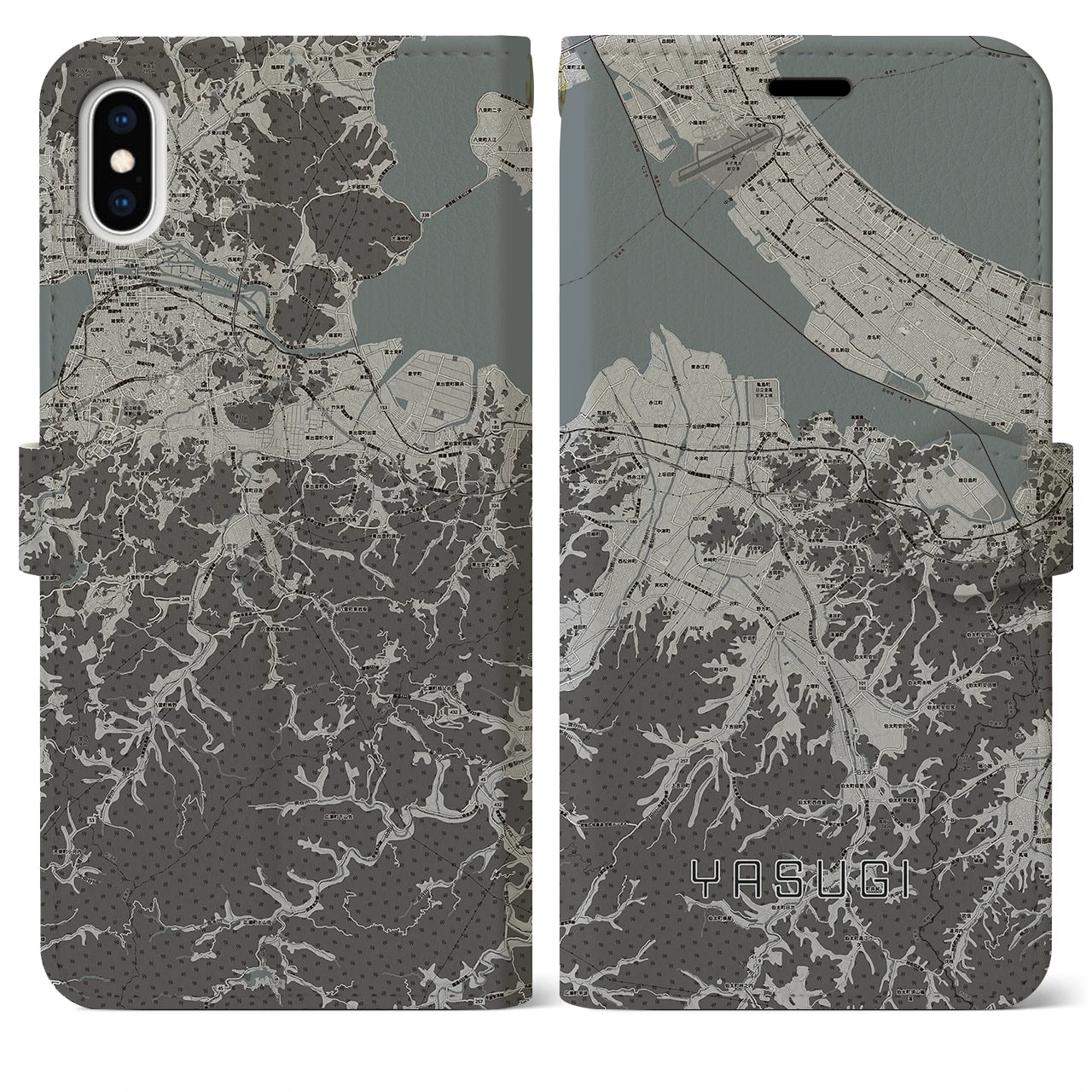 【安来(島根県)】地図柄iPhoneケース(手帳タイプ)モノトーン・iPhone XS Max 用
