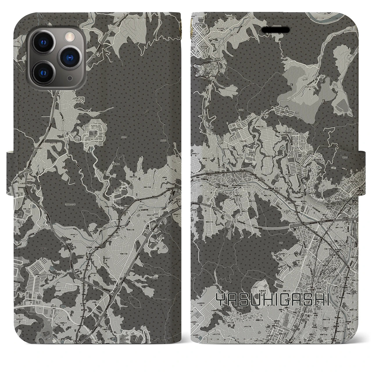 【安東(広島県)】地図柄iPhoneケース(手帳タイプ)モノトーン・iPhone 11 Pro Max 用