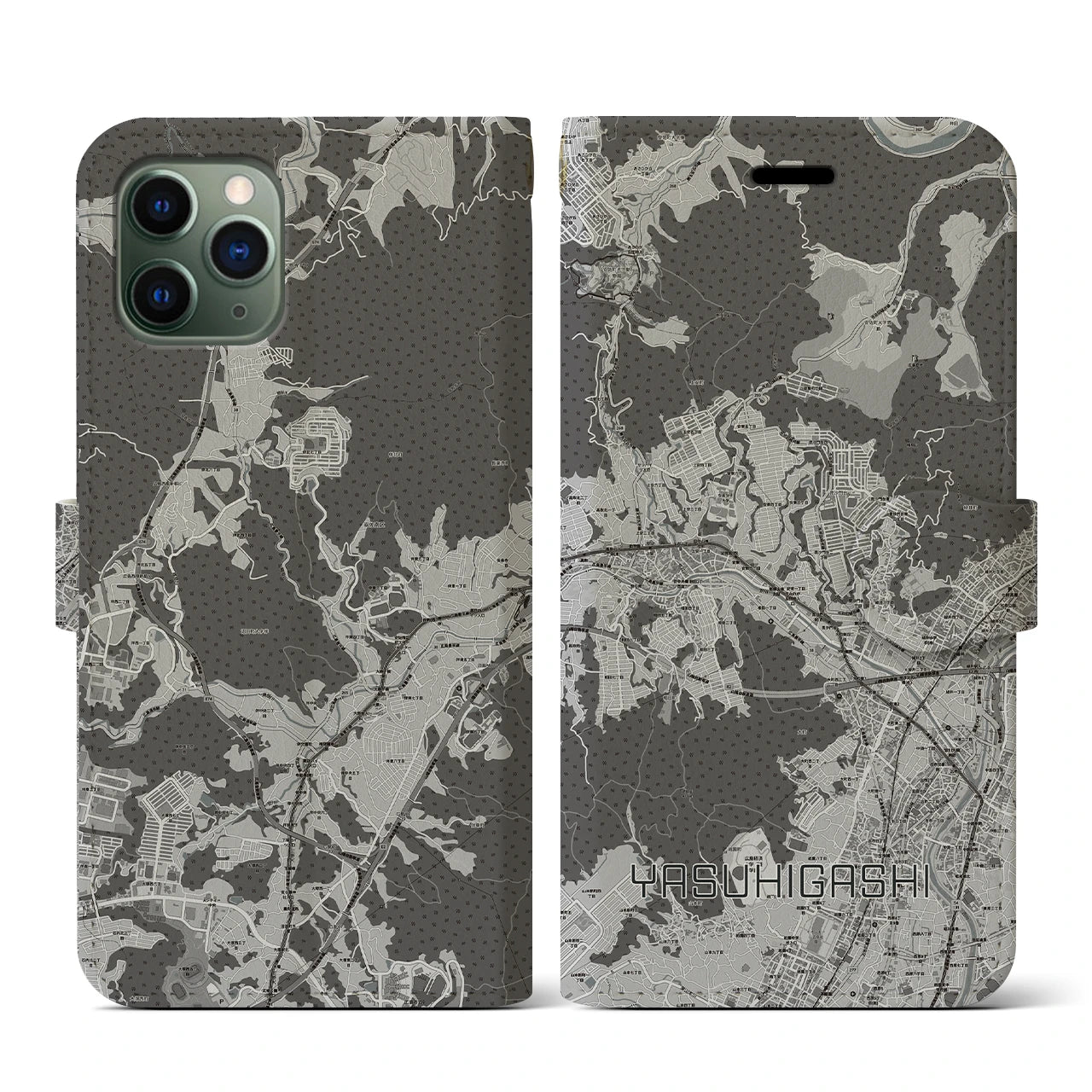 【安東(広島県)】地図柄iPhoneケース(手帳タイプ)モノトーン・iPhone 11 Pro 用