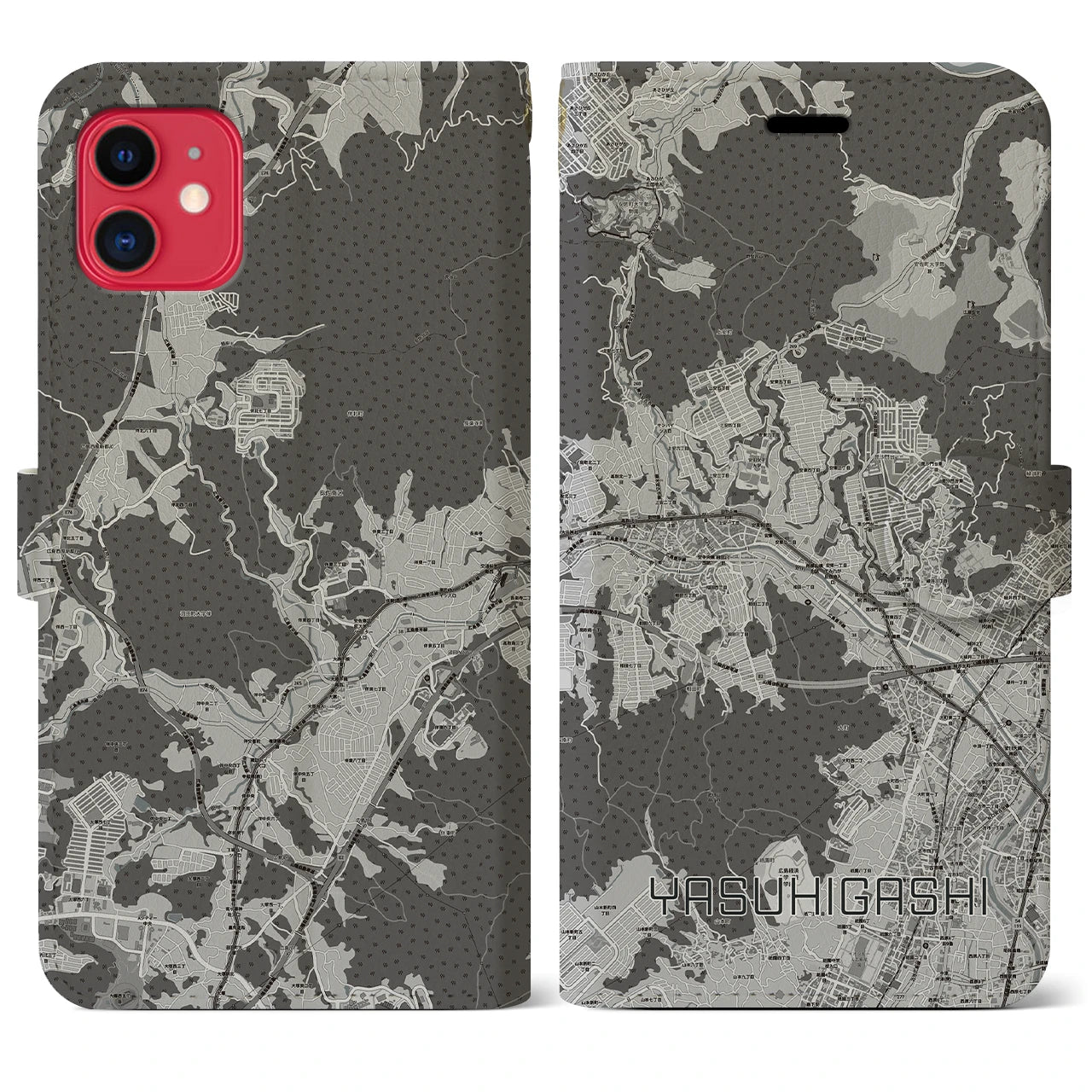 【安東(広島県)】地図柄iPhoneケース(手帳タイプ)モノトーン・iPhone 11 用
