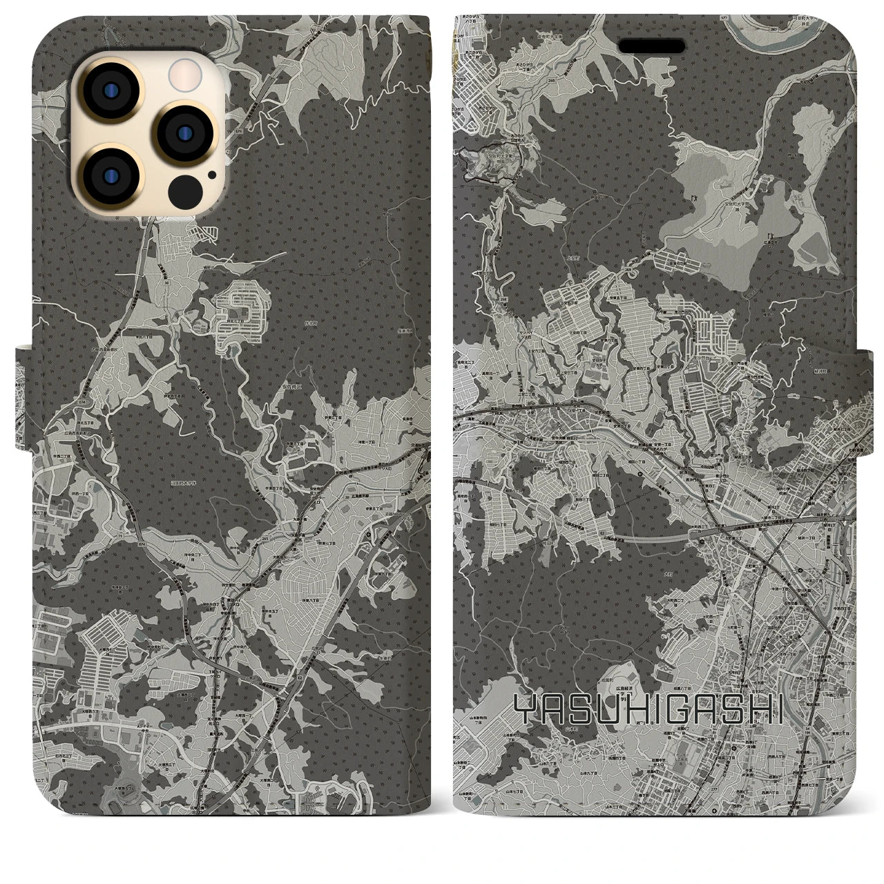 【安東(広島県)】地図柄iPhoneケース(手帳タイプ)モノトーン・iPhone 12 Pro Max 用