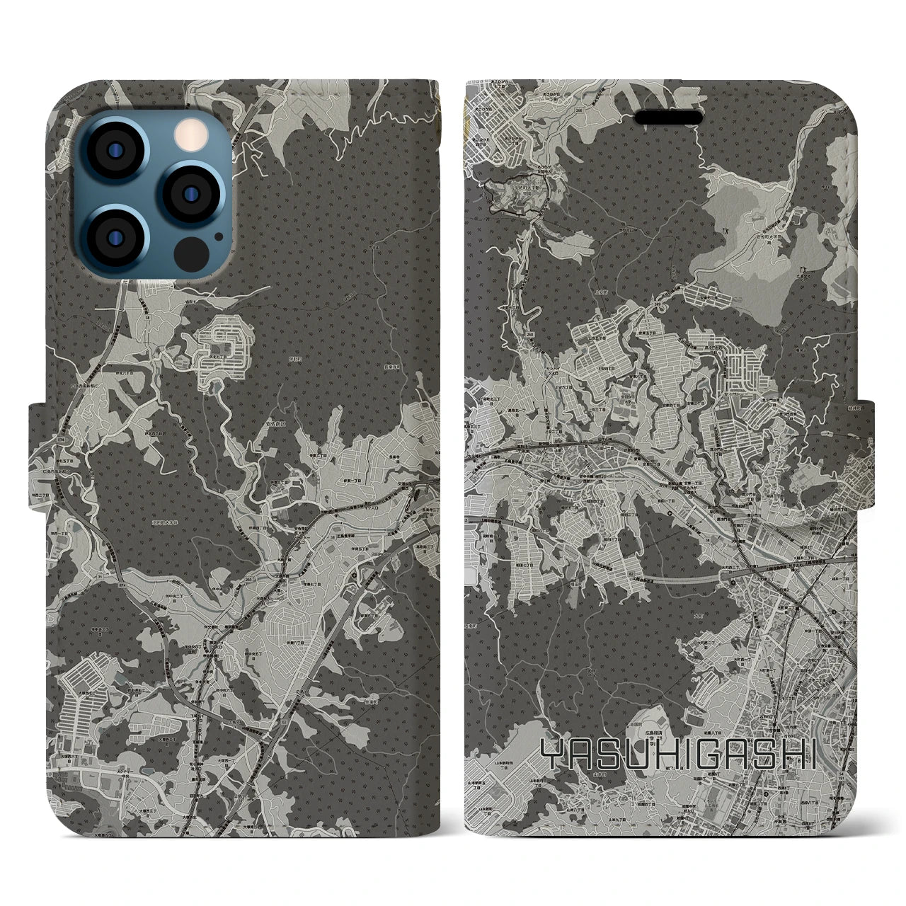 【安東(広島県)】地図柄iPhoneケース(手帳タイプ)モノトーン・iPhone 12 / 12 Pro 用