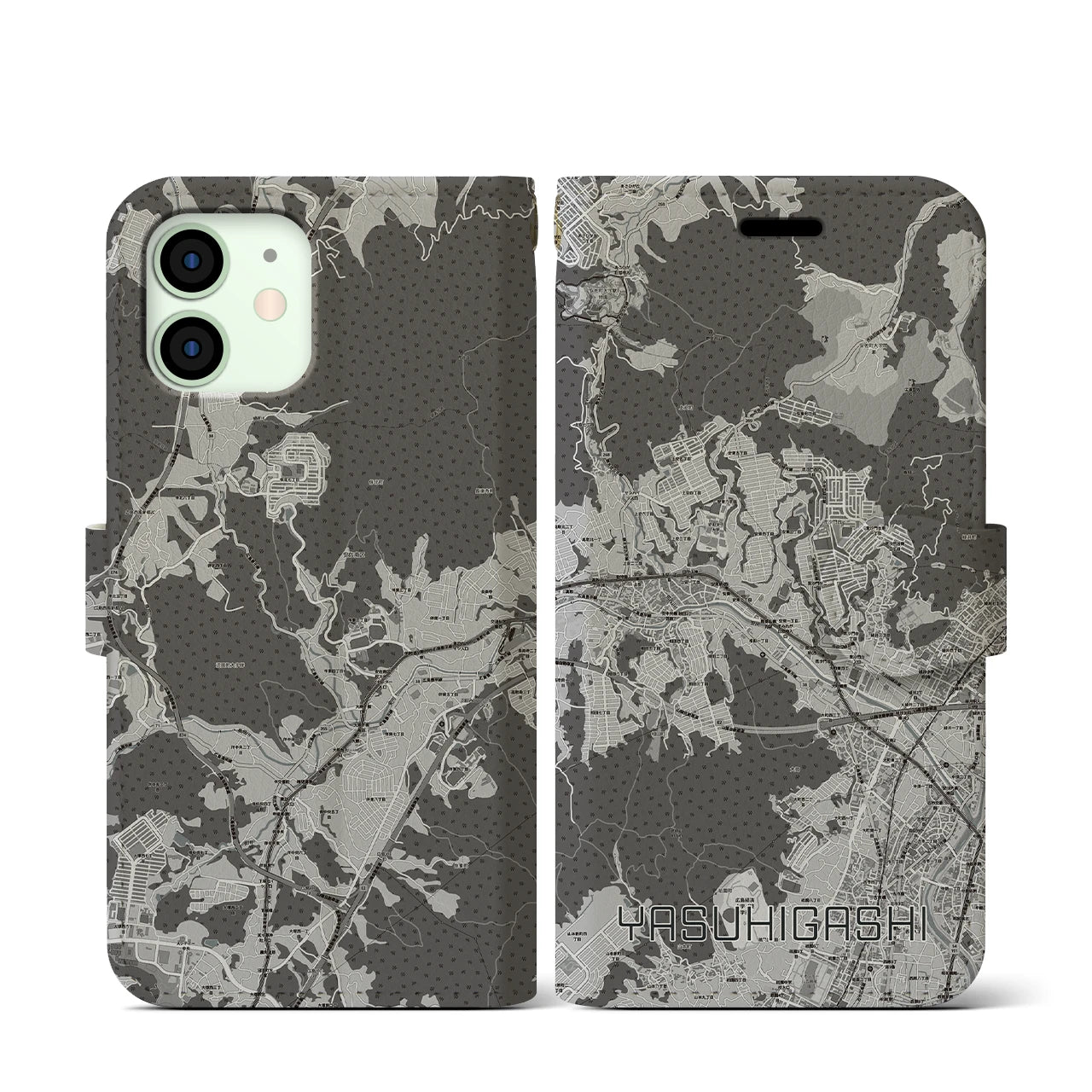 【安東(広島県)】地図柄iPhoneケース(手帳タイプ)モノトーン・iPhone 12 mini 用