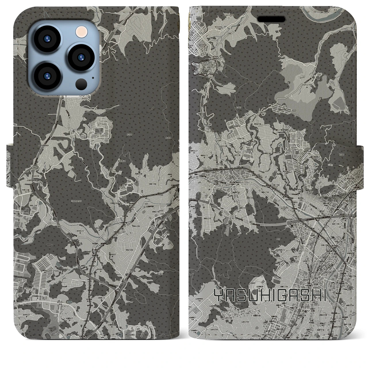 【安東(広島県)】地図柄iPhoneケース(手帳タイプ)モノトーン・iPhone 13 Pro Max 用