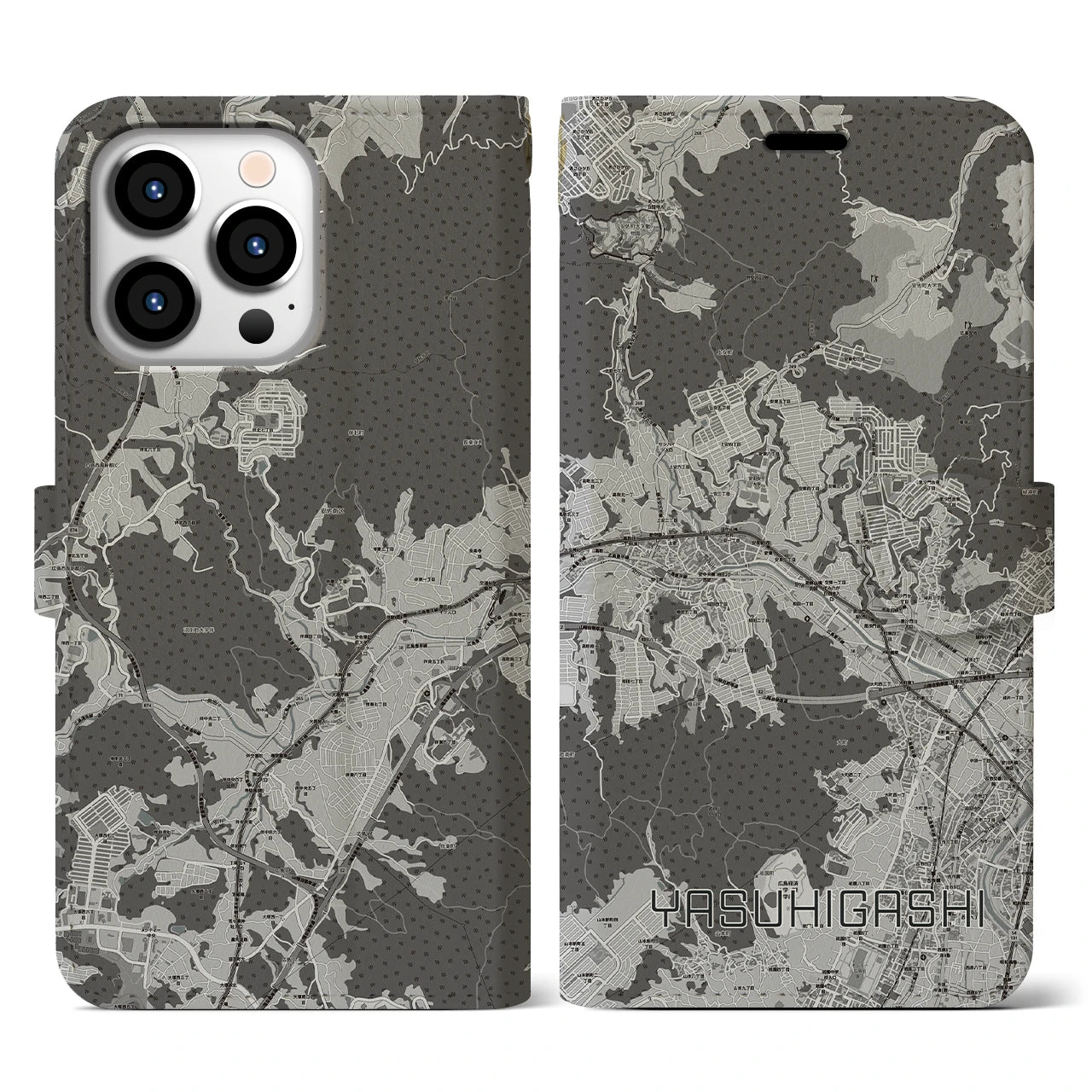【安東(広島県)】地図柄iPhoneケース(手帳タイプ)モノトーン・iPhone 13 Pro 用