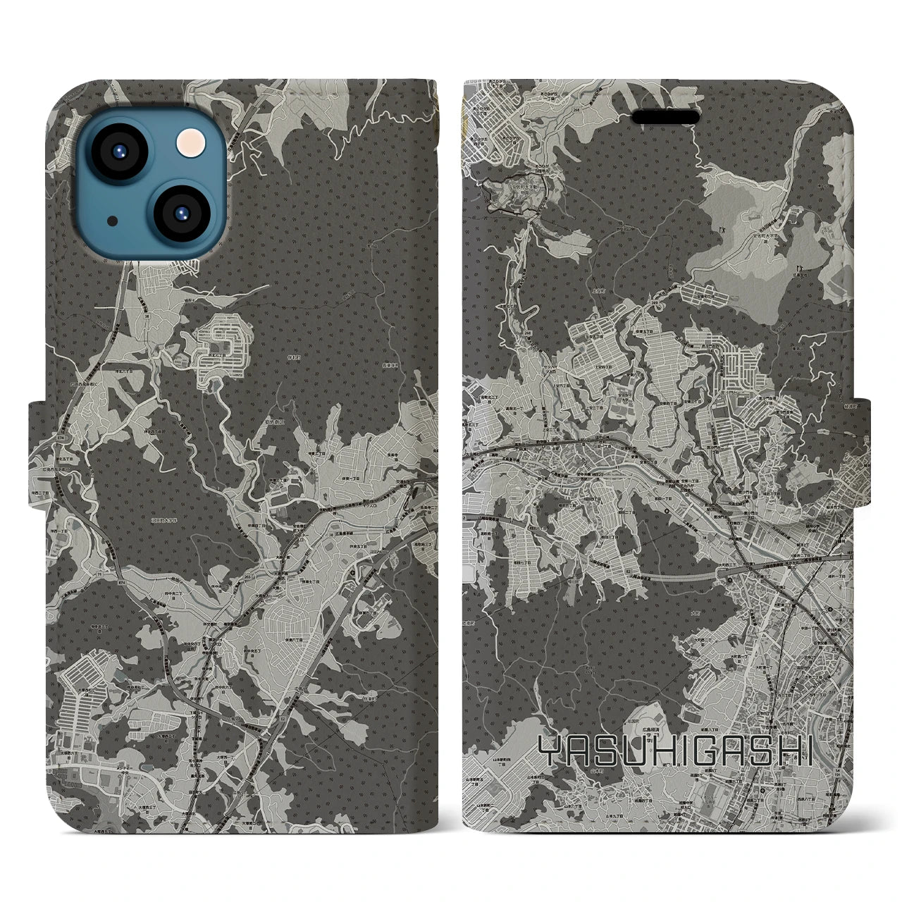 【安東(広島県)】地図柄iPhoneケース(手帳タイプ)モノトーン・iPhone 13 用