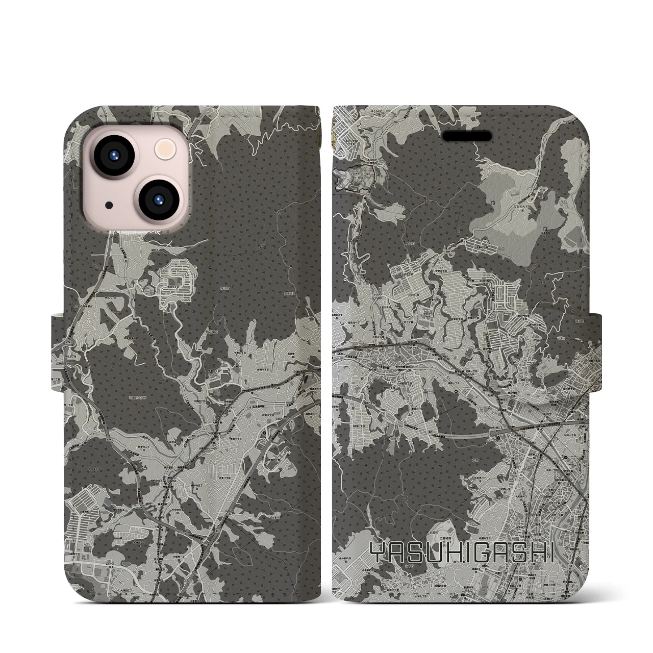 【安東(広島県)】地図柄iPhoneケース(手帳タイプ)モノトーン・iPhone 13 mini 用