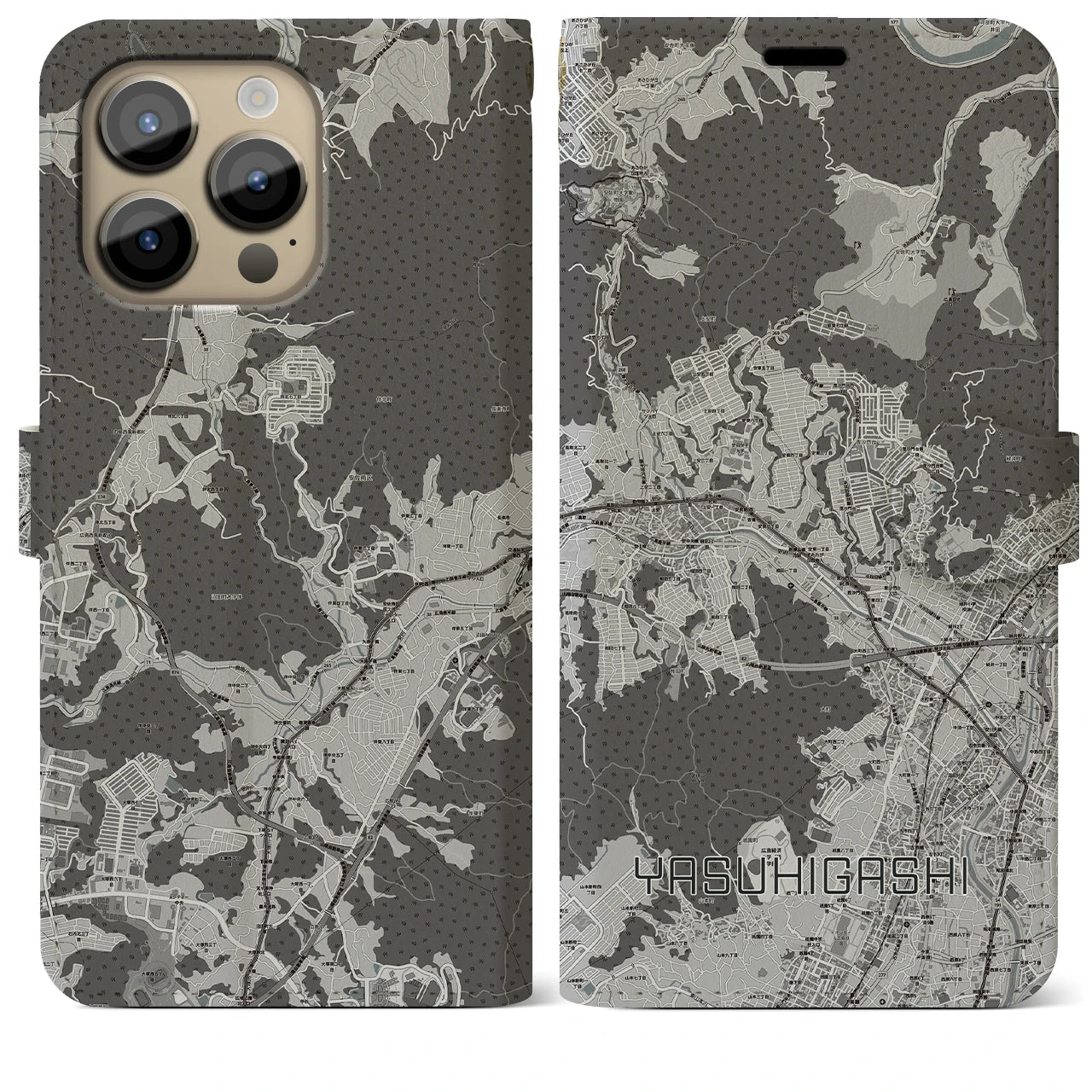【安東(広島県)】地図柄iPhoneケース(手帳タイプ)モノトーン・iPhone 14 Pro Max 用