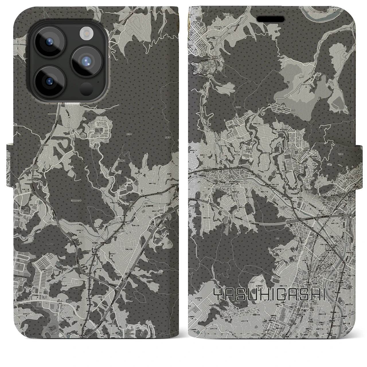 【安東(広島県)】地図柄iPhoneケース(手帳タイプ)モノトーン・iPhone 15 Pro Max 用