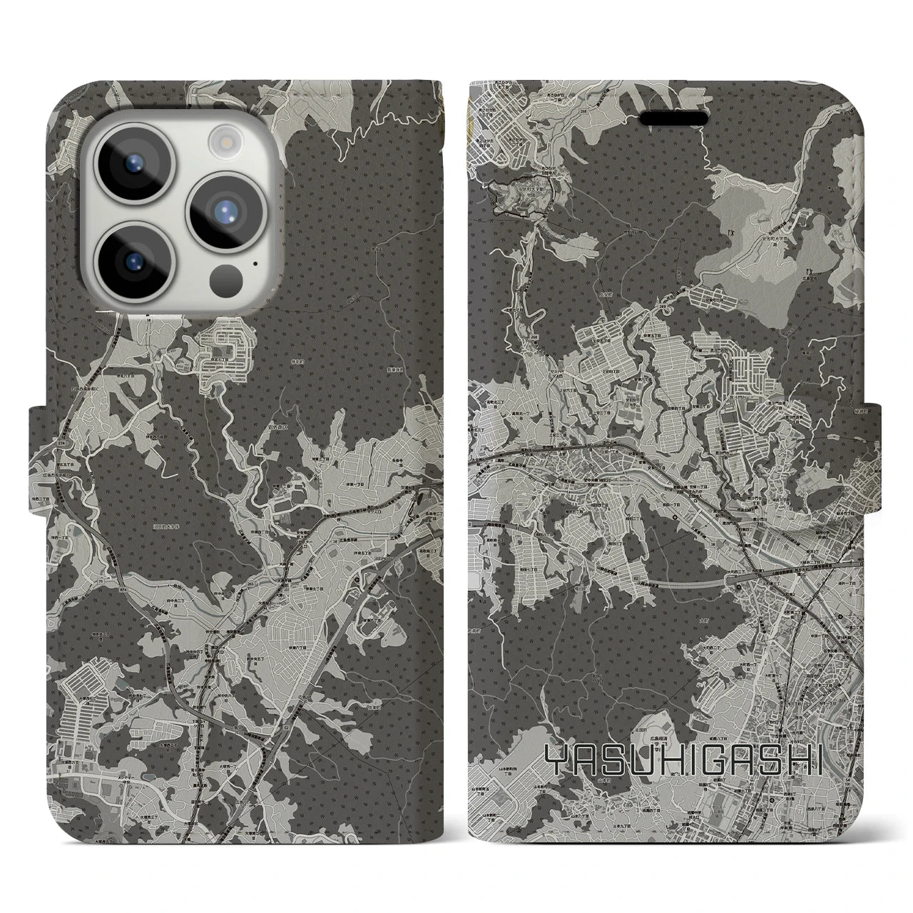 【安東(広島県)】地図柄iPhoneケース(手帳タイプ)モノトーン・iPhone 15 Pro 用