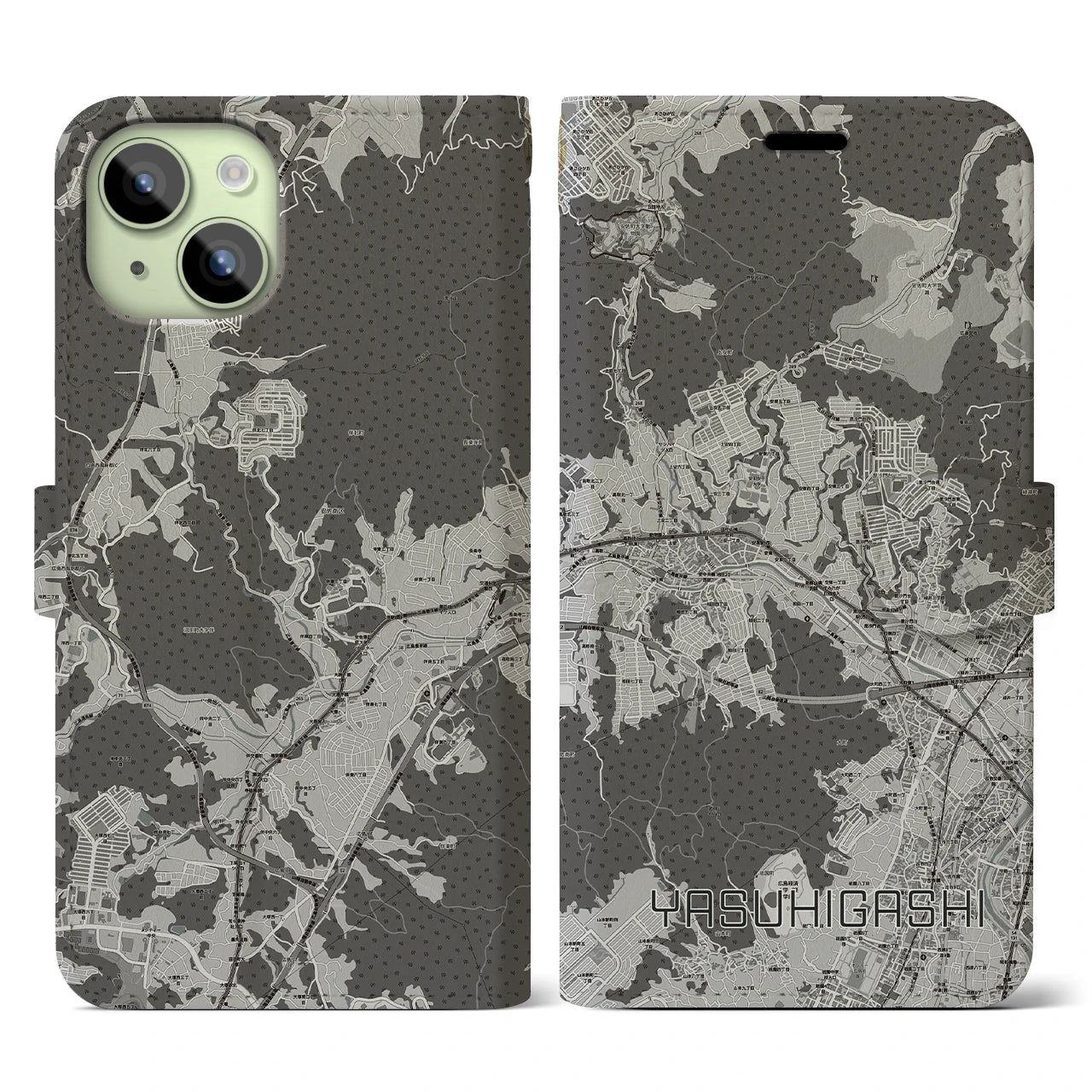 【安東(広島県)】地図柄iPhoneケース(手帳タイプ)モノトーン・iPhone 15 用