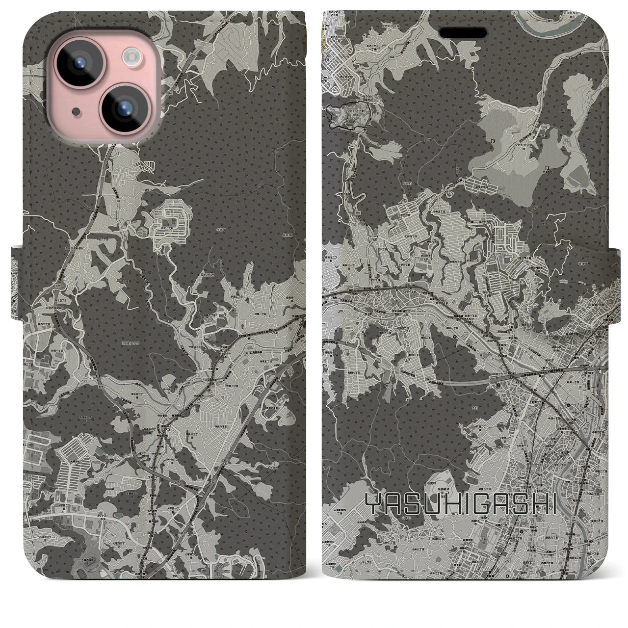【安東(広島県)】地図柄iPhoneケース(手帳タイプ)モノトーン・iPhone 15 Plus 用