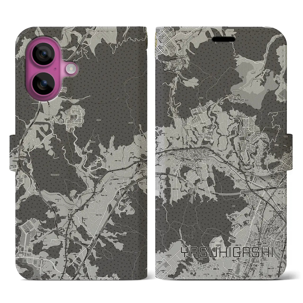 【安東(広島県)】地図柄iPhoneケース(手帳タイプ)モノトーン・iPhone 16 Pro 用
