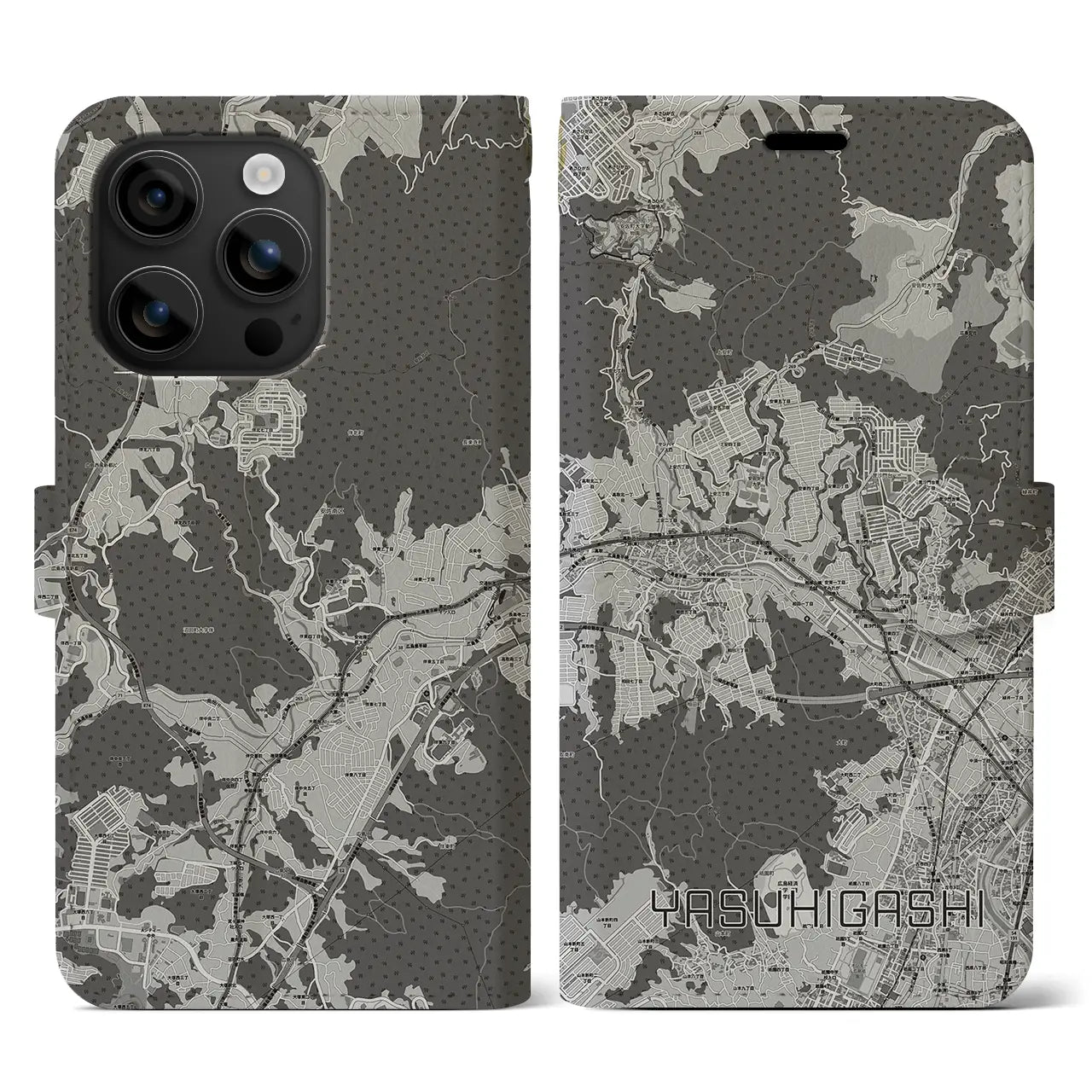 【安東(広島県)】地図柄iPhoneケース(手帳タイプ)モノトーン・iPhone 16 用