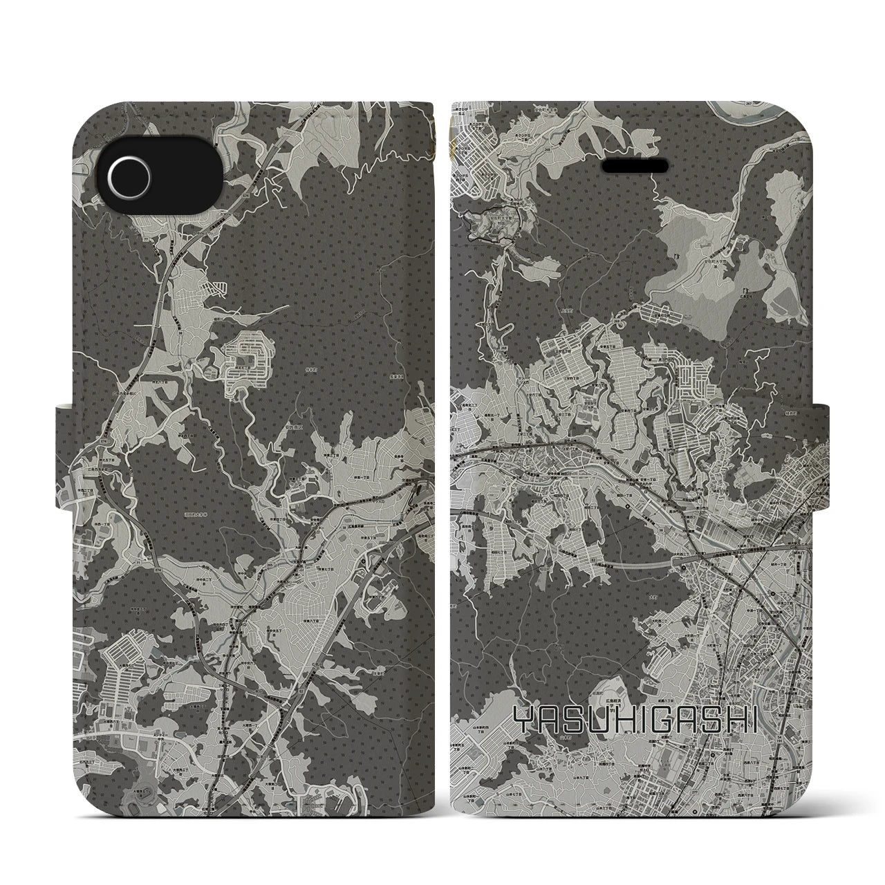 【安東(広島県)】地図柄iPhoneケース(手帳タイプ)モノトーン・iPhone SE(第3 / 第2世代) / 8 / 7 / 6s / 6 用