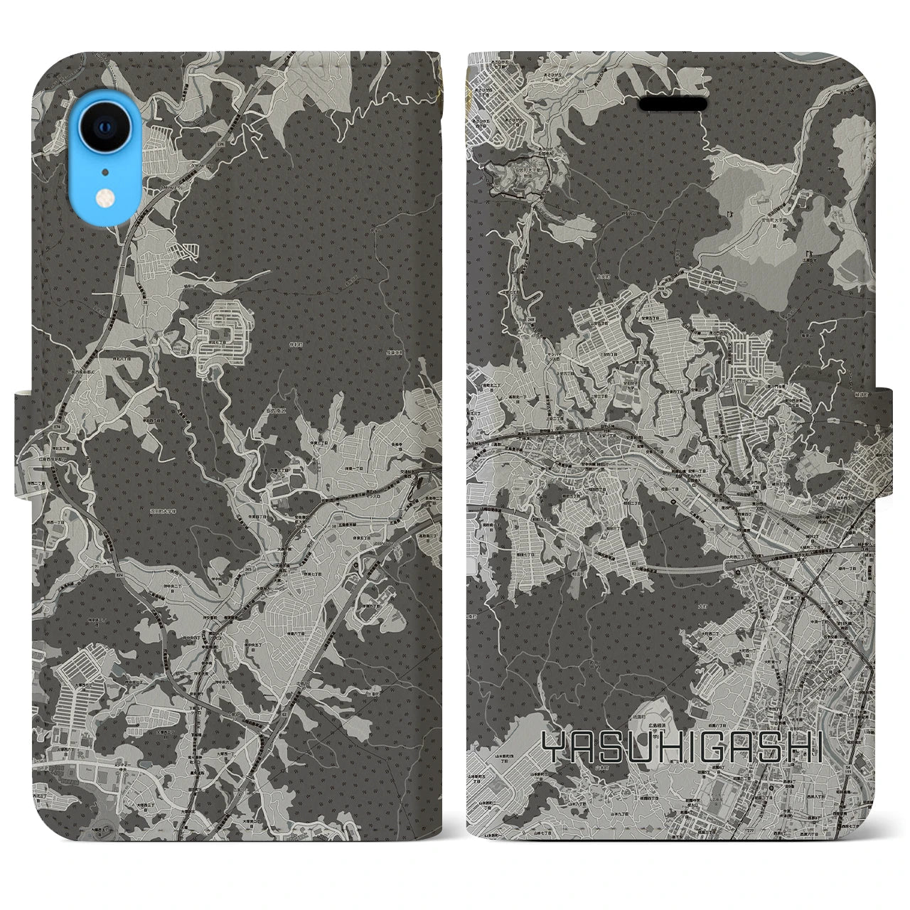 【安東(広島県)】地図柄iPhoneケース(手帳タイプ)モノトーン・iPhone XR 用
