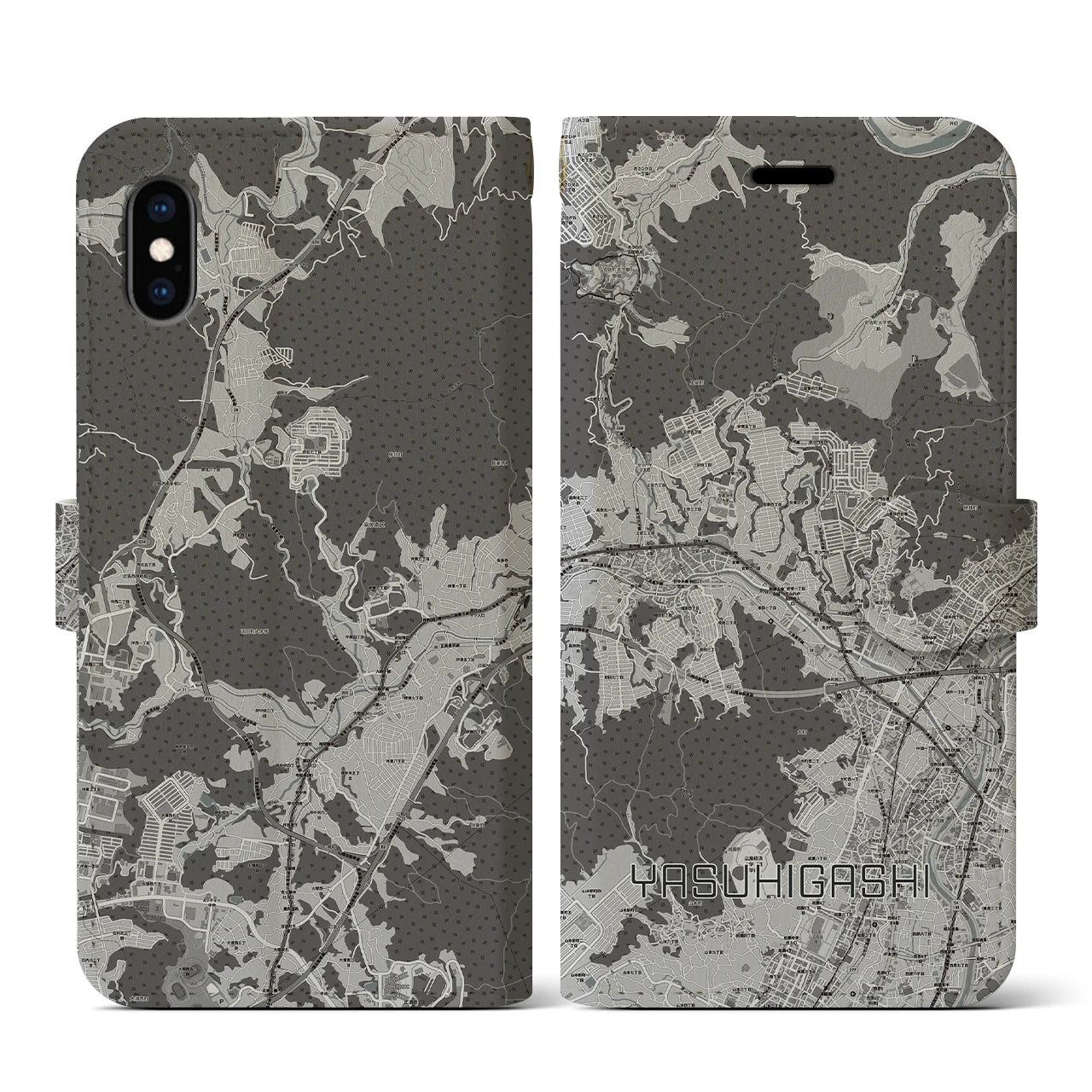【安東(広島県)】地図柄iPhoneケース(手帳タイプ)モノトーン・iPhone XS / X 用