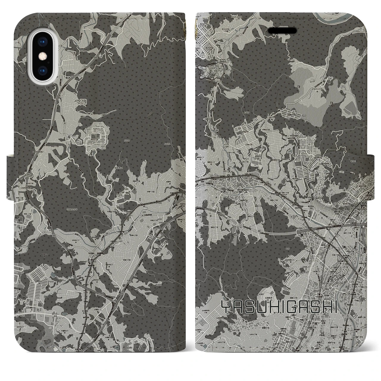 【安東(広島県)】地図柄iPhoneケース(手帳タイプ)モノトーン・iPhone XS Max 用