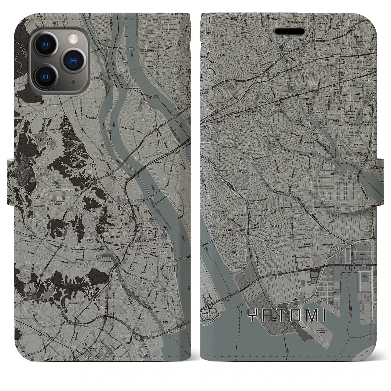 【弥富(愛知県)】地図柄iPhoneケース(手帳タイプ)モノトーン・iPhone 11 Pro Max 用