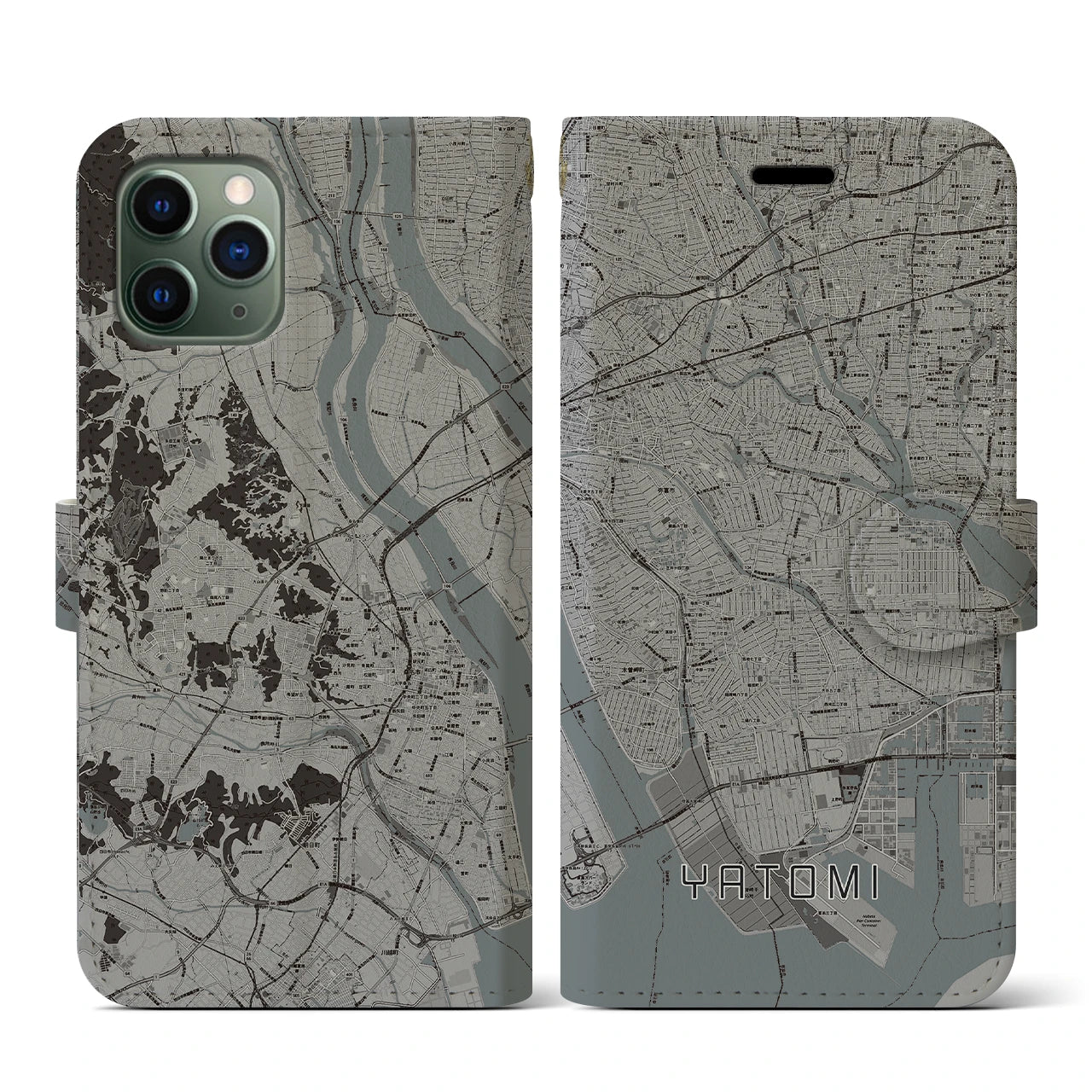 【弥富(愛知県)】地図柄iPhoneケース(手帳タイプ)モノトーン・iPhone 11 Pro 用