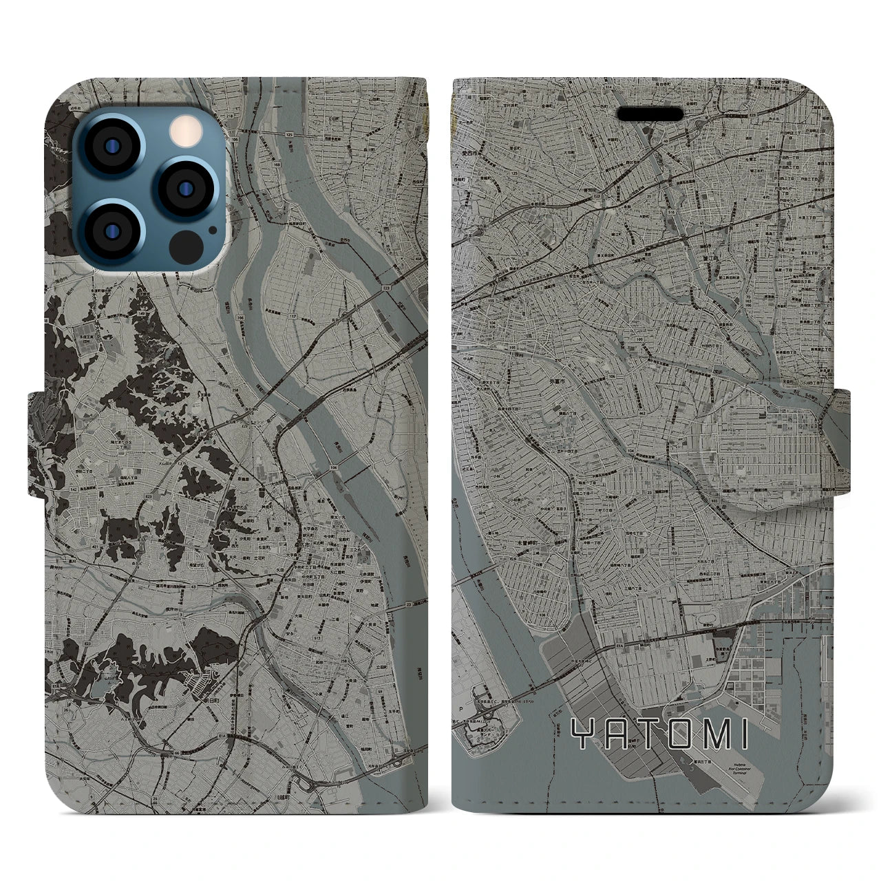 【弥富(愛知県)】地図柄iPhoneケース(手帳タイプ)モノトーン・iPhone 12 / 12 Pro 用