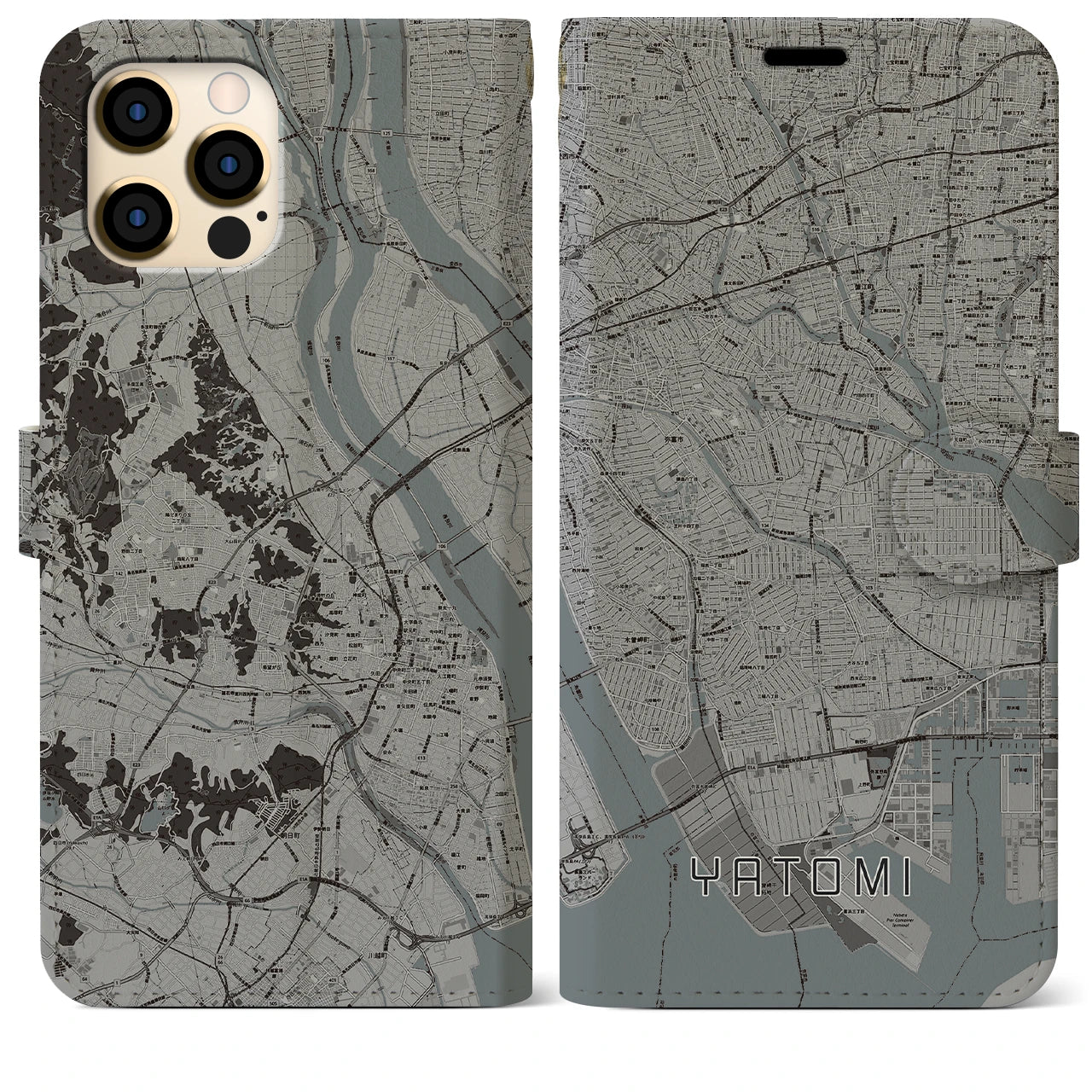 【弥富(愛知県)】地図柄iPhoneケース(手帳タイプ)モノトーン・iPhone 12 Pro Max 用