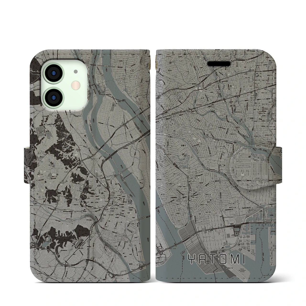 【弥富(愛知県)】地図柄iPhoneケース(手帳タイプ)モノトーン・iPhone 12 mini 用