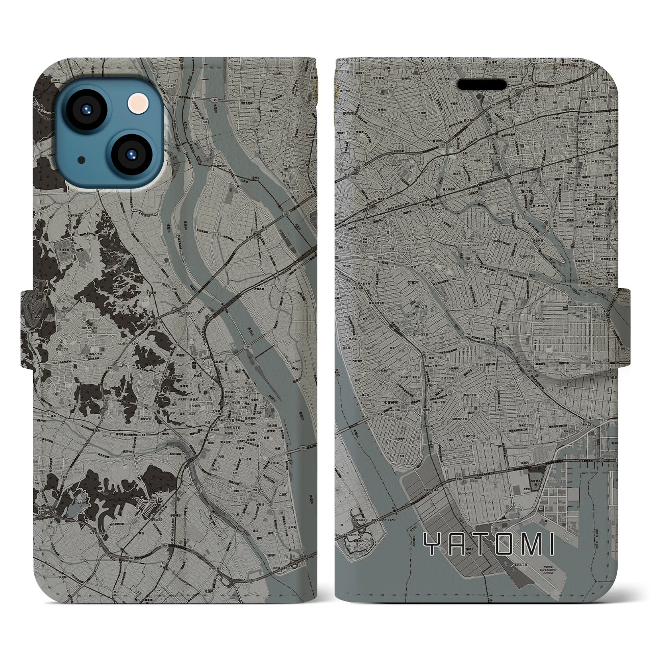 【弥富(愛知県)】地図柄iPhoneケース(手帳タイプ)モノトーン・iPhone 13 用