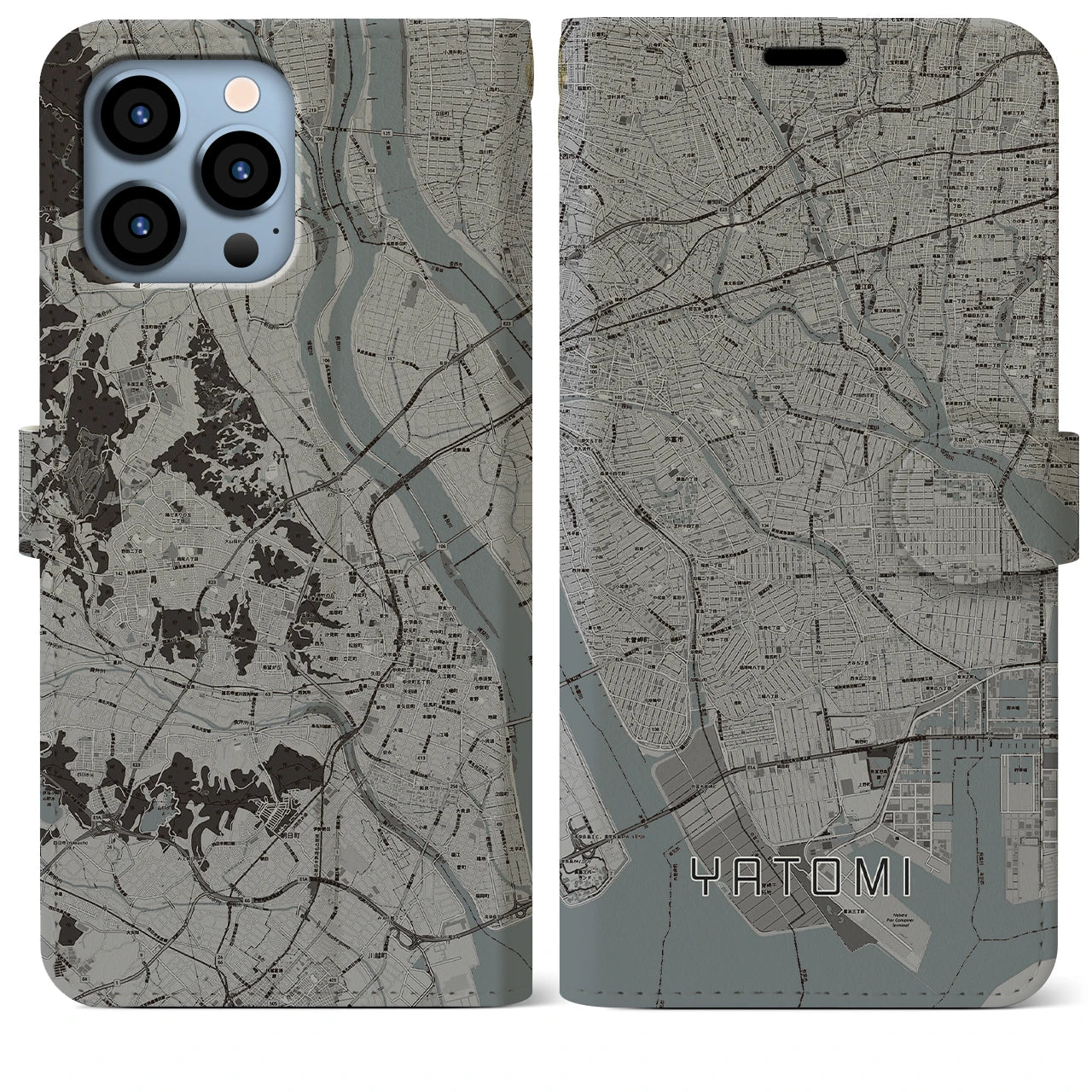 【弥富(愛知県)】地図柄iPhoneケース(手帳タイプ)モノトーン・iPhone 13 Pro Max 用