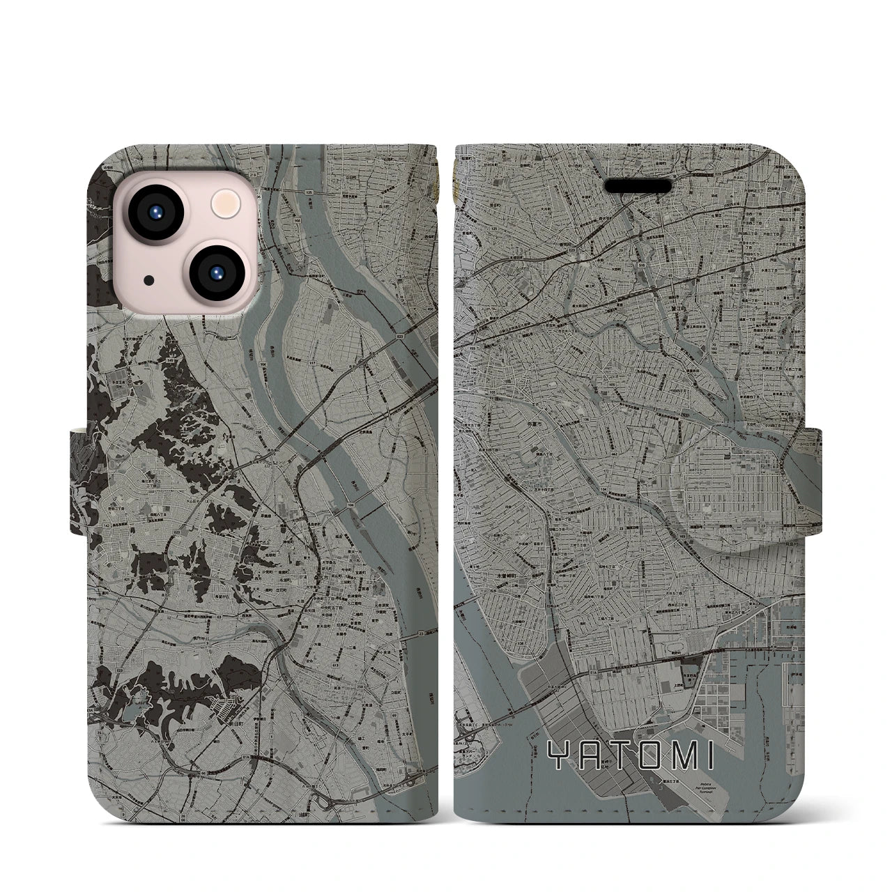 【弥富(愛知県)】地図柄iPhoneケース(手帳タイプ)モノトーン・iPhone 13 mini 用