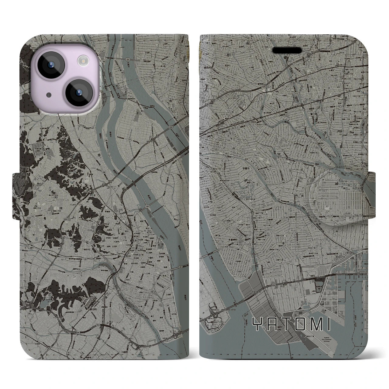 【弥富(愛知県)】地図柄iPhoneケース(手帳タイプ)モノトーン・iPhone 14 用