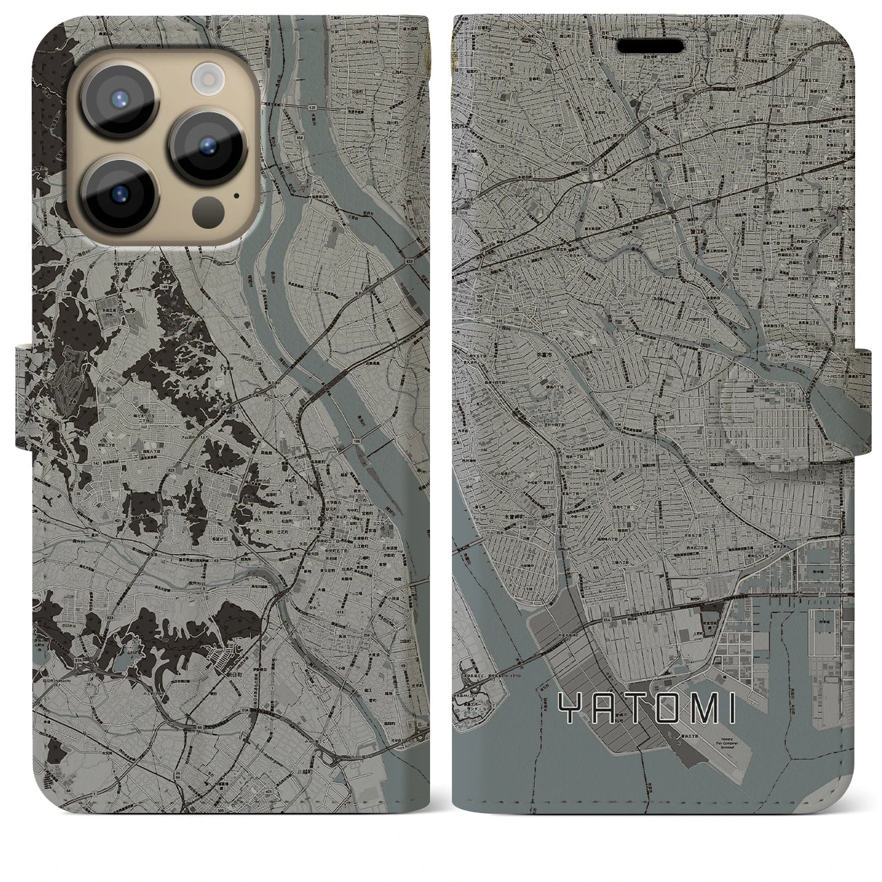 【弥富(愛知県)】地図柄iPhoneケース(手帳タイプ)モノトーン・iPhone 14 Pro Max 用