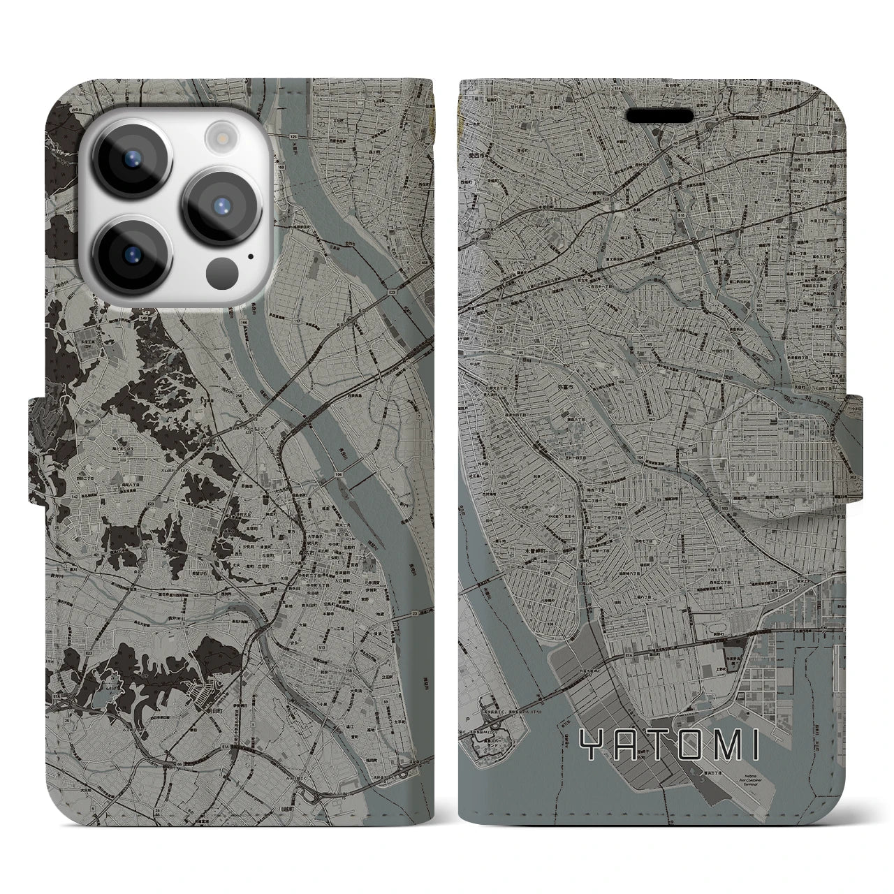 【弥富(愛知県)】地図柄iPhoneケース(手帳タイプ)モノトーン・iPhone 14 Pro 用