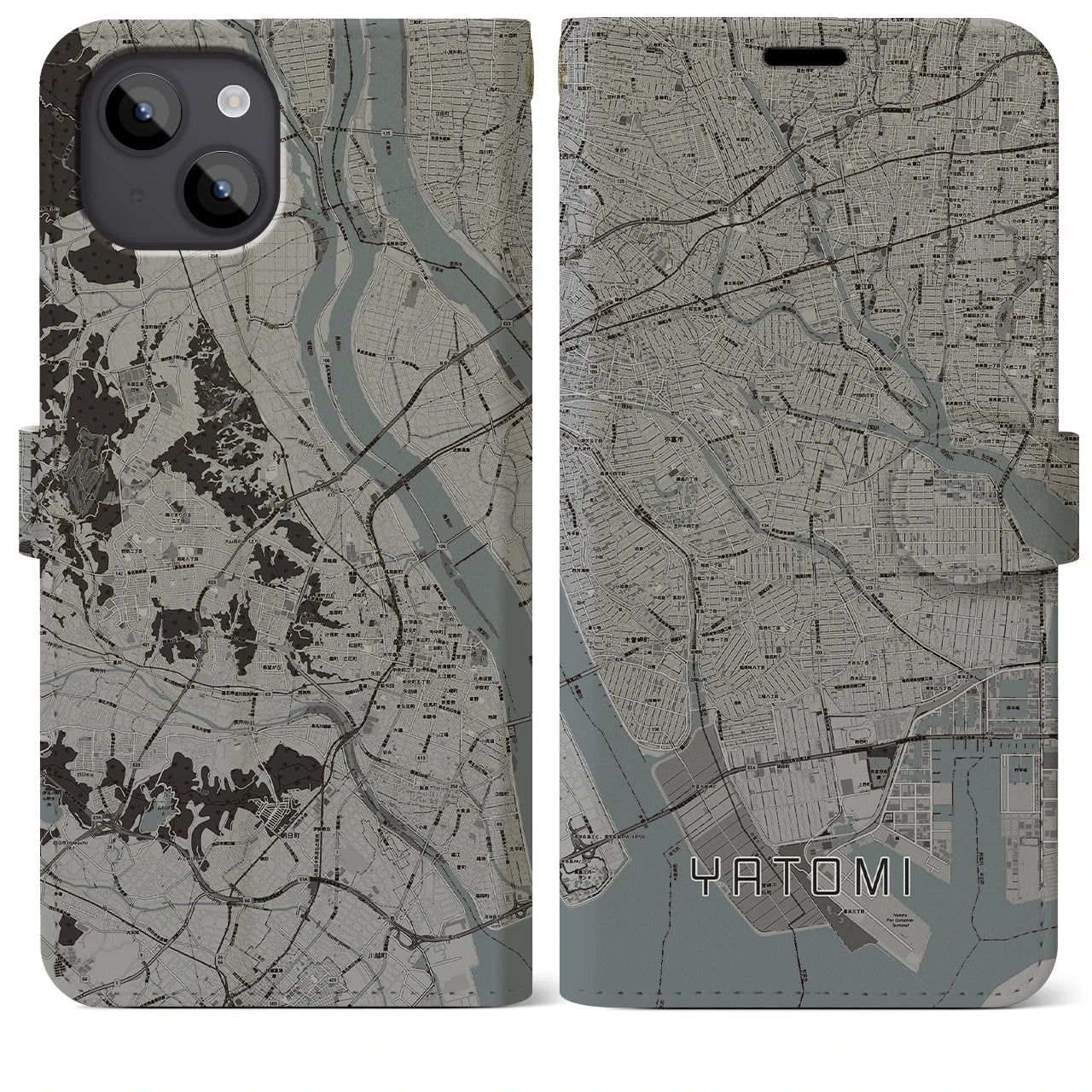【弥富(愛知県)】地図柄iPhoneケース(手帳タイプ)モノトーン・iPhone 14 Plus 用