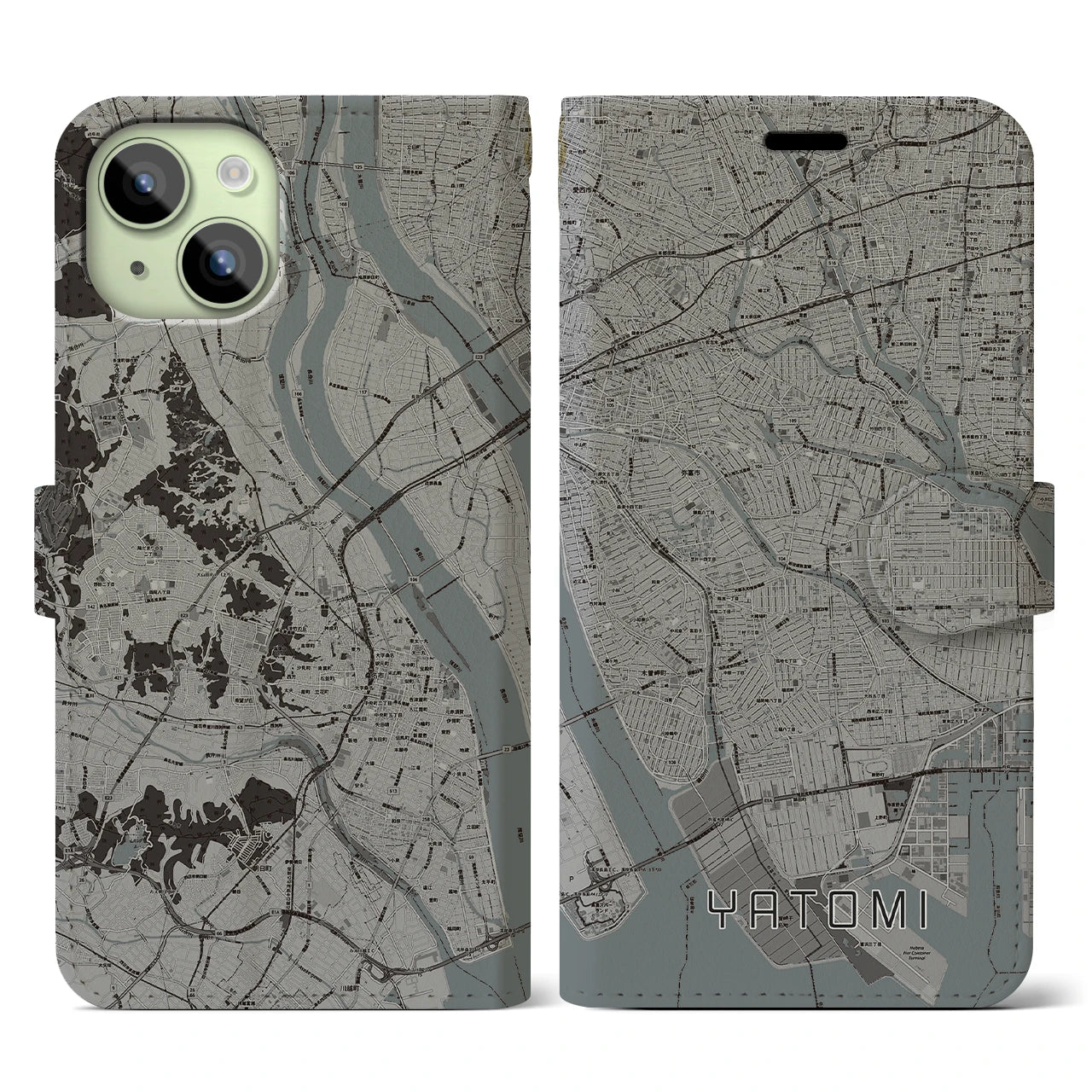 【弥富(愛知県)】地図柄iPhoneケース(手帳タイプ)モノトーン・iPhone 15 用