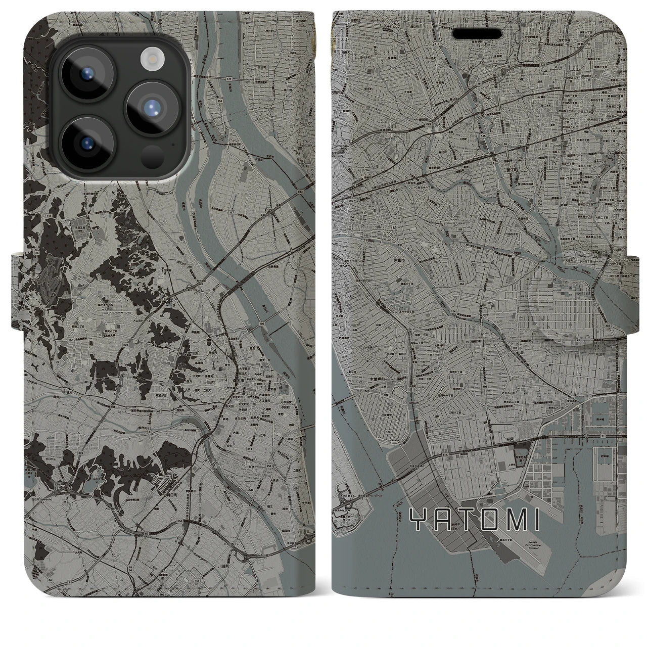 【弥富(愛知県)】地図柄iPhoneケース(手帳タイプ)モノトーン・iPhone 15 Pro Max 用