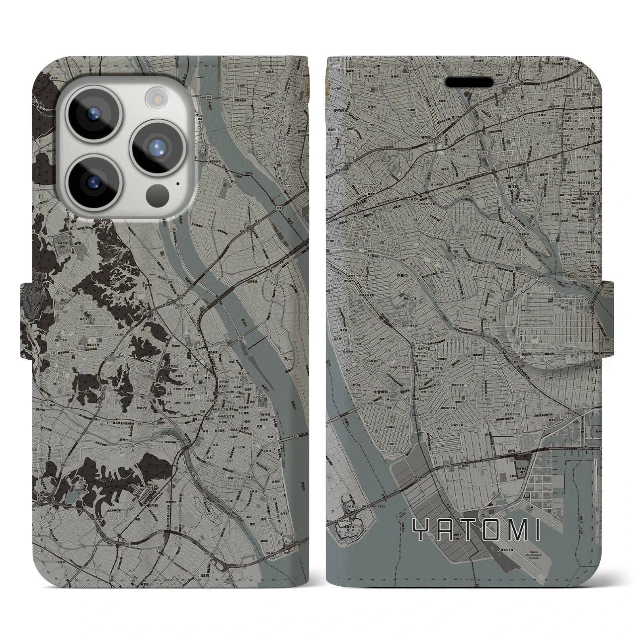 【弥富(愛知県)】地図柄iPhoneケース(手帳タイプ)モノトーン・iPhone 15 Pro 用