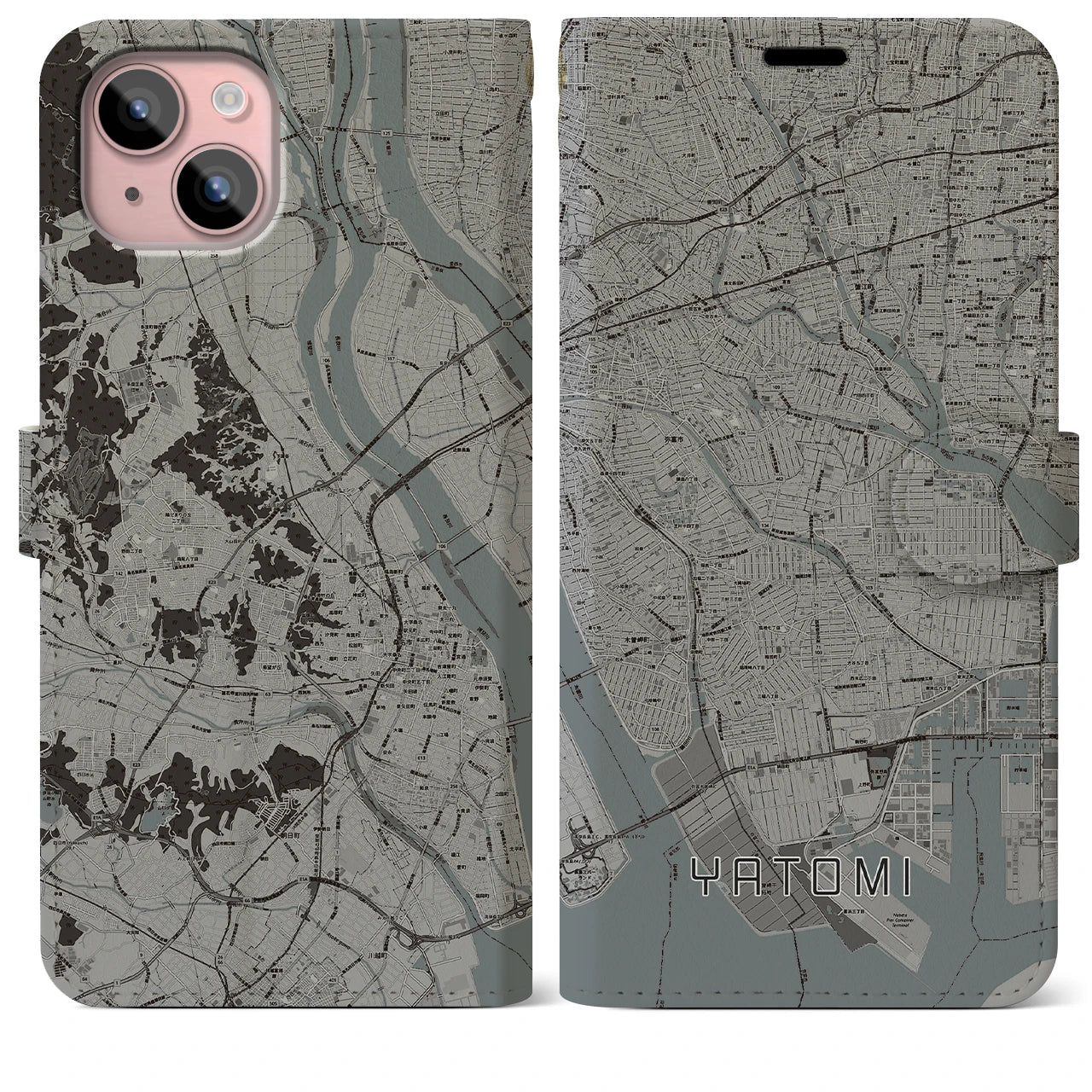 【弥富(愛知県)】地図柄iPhoneケース(手帳タイプ)モノトーン・iPhone 15 Plus 用
