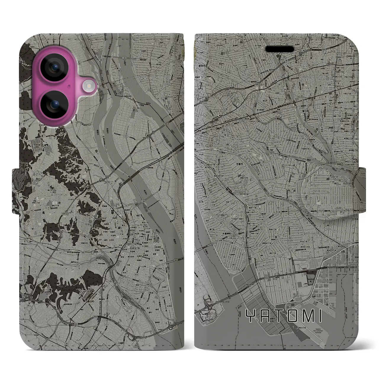 【弥富(愛知県)】地図柄iPhoneケース(手帳タイプ)モノトーン・iPhone 16 Pro 用