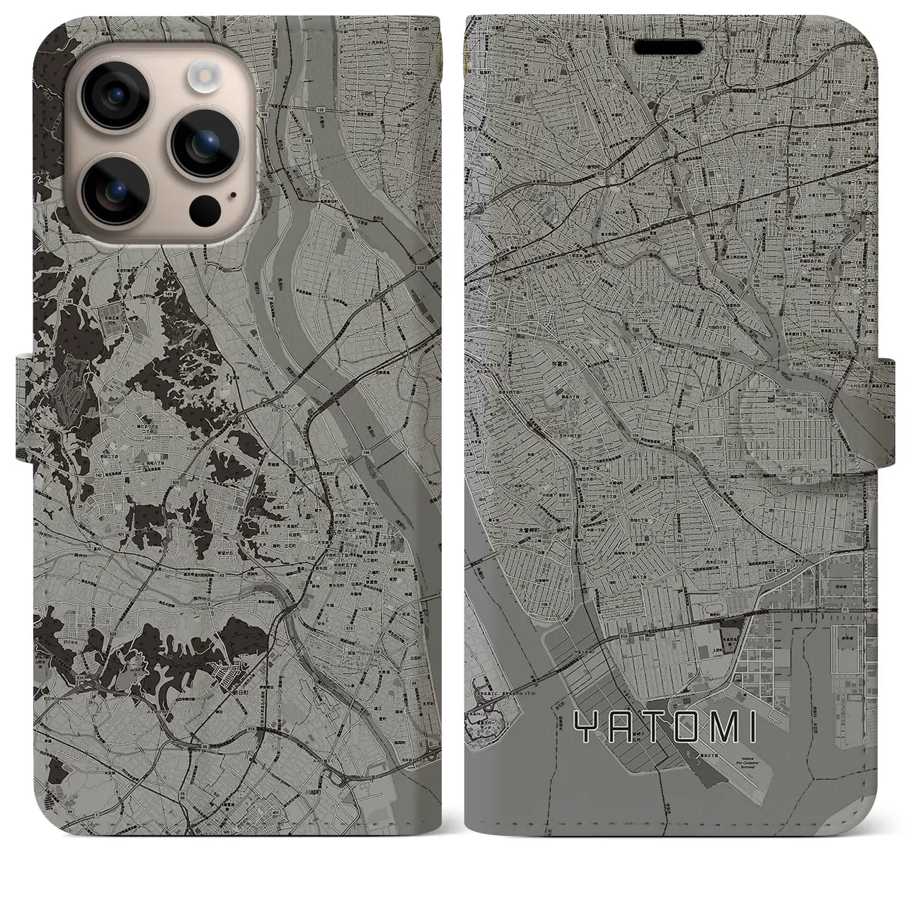【弥富(愛知県)】地図柄iPhoneケース(手帳タイプ)モノトーン・iPhone 16 Plus 用
